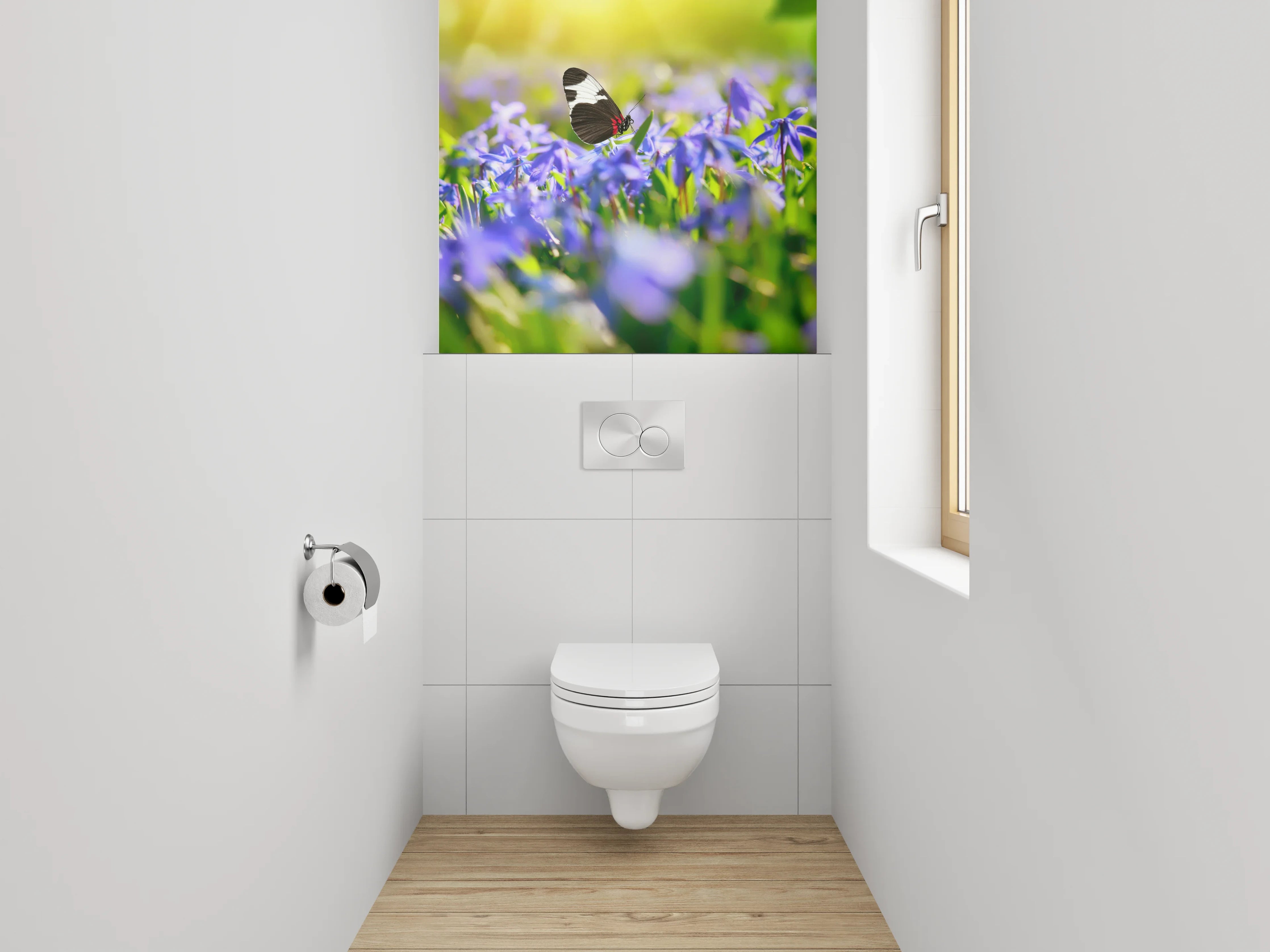 WC-Rückwand - Frühlingsweise mit Schmetterlingen und Blumen