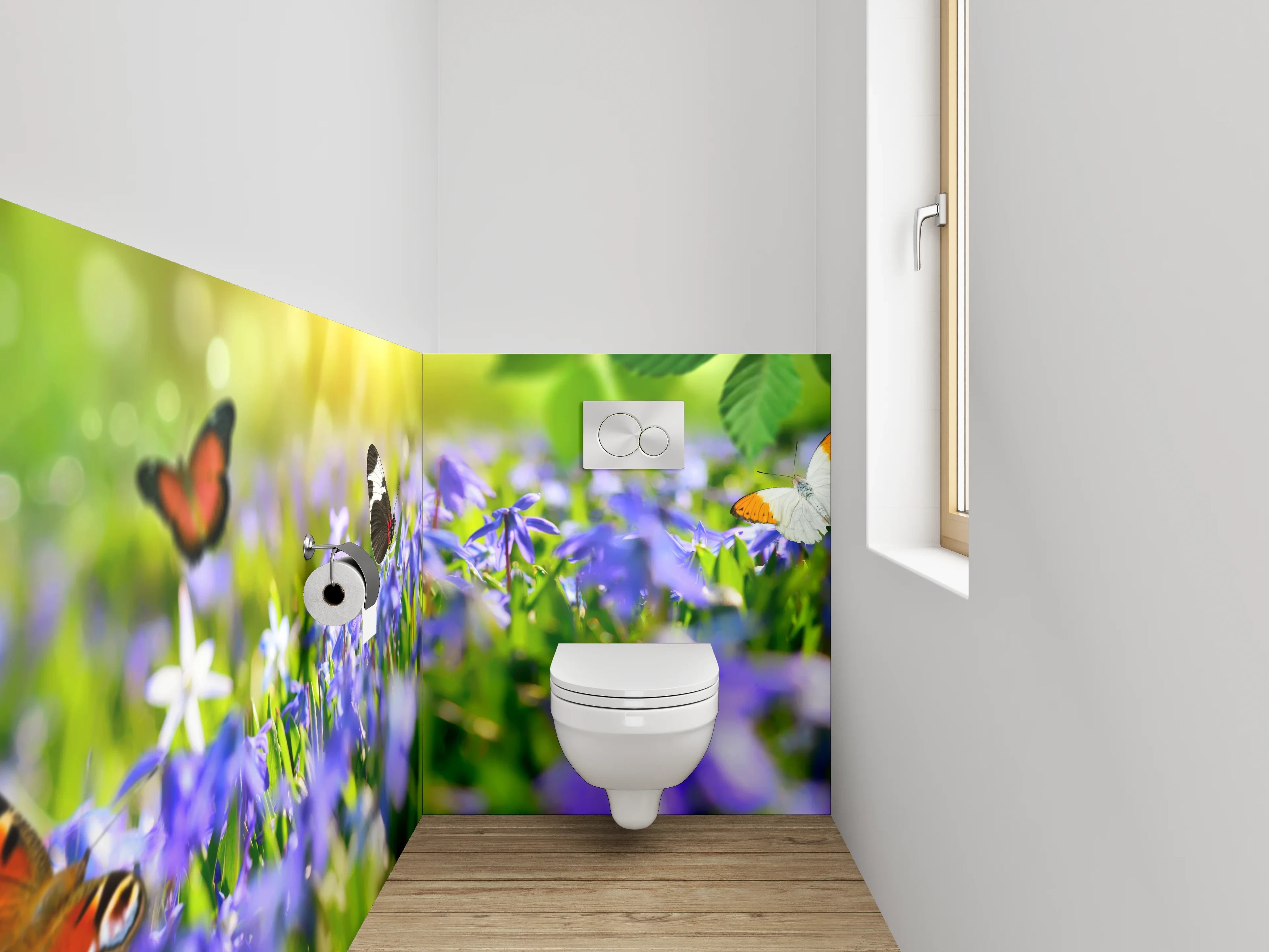 WC-Rückwand - Frühlingsweise mit Schmetterlingen und Blumen
