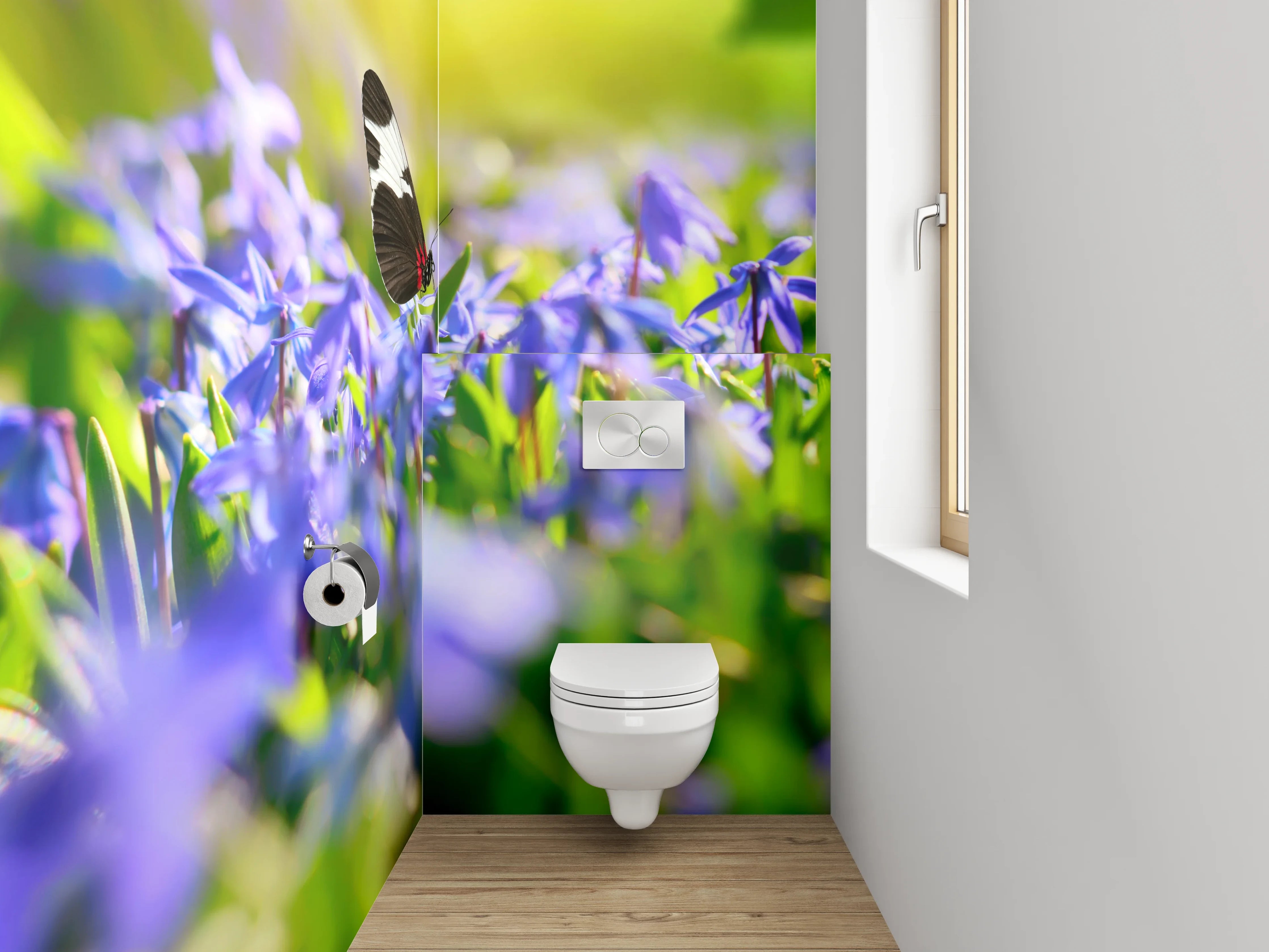 WC-Rückwand - Frühlingsweise mit Schmetterlingen und Blumen