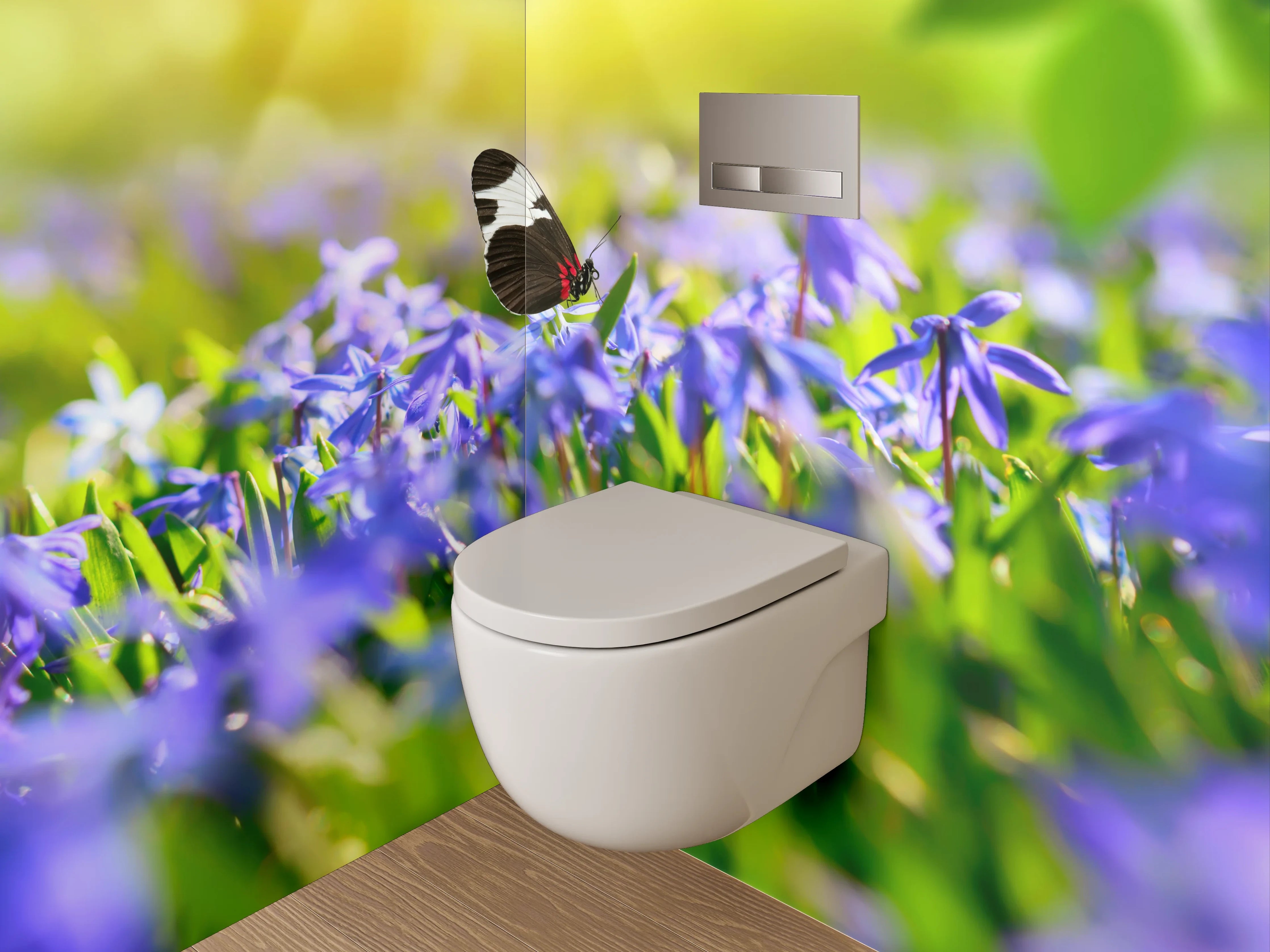 WC-Rückwand - Frühlingsweise mit Schmetterlingen und Blumen