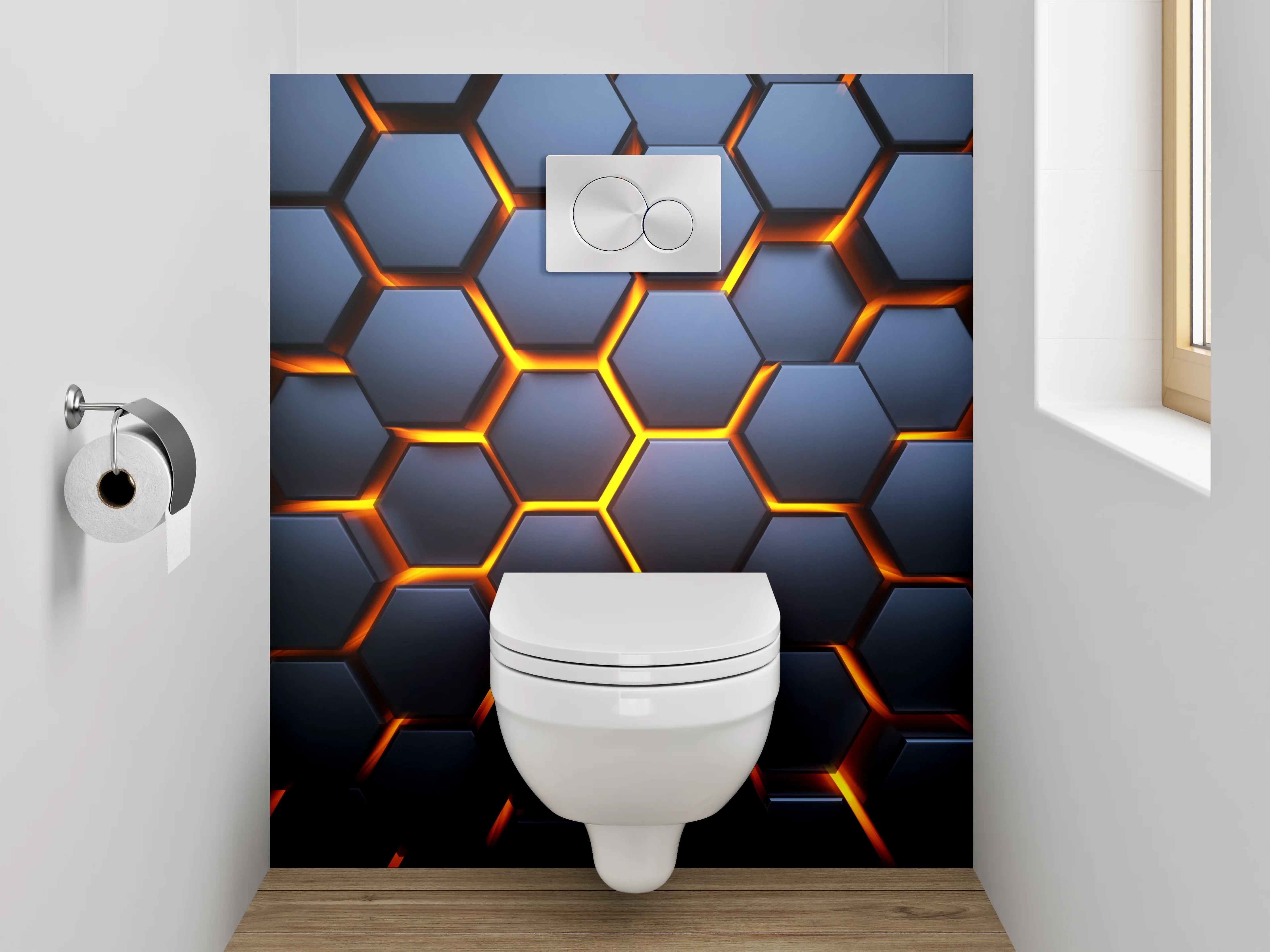 WC-Rückwand - Futuristisches Wabenmuster in Dunkelgrau und Orange