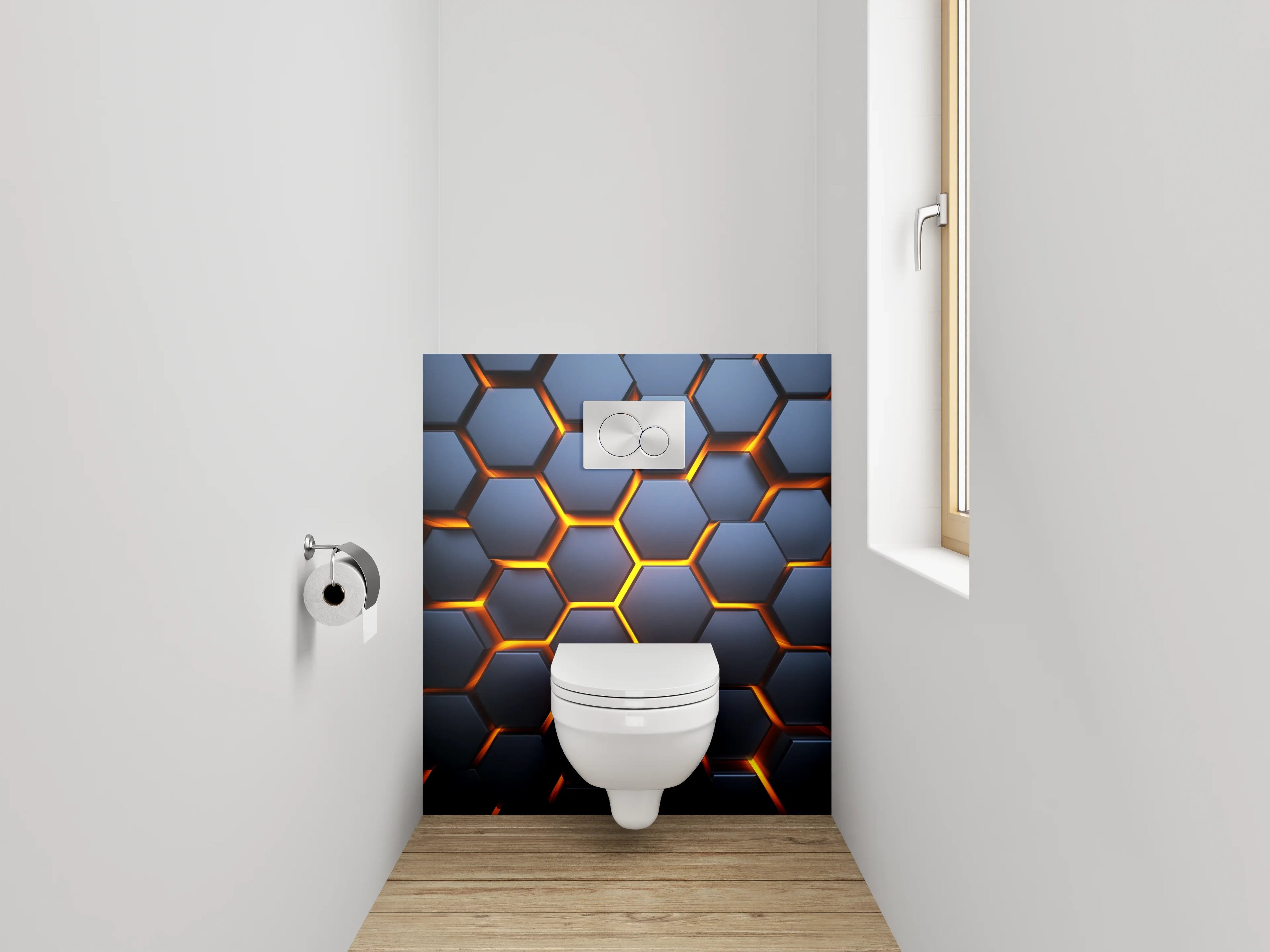 WC-Rückwand - Futuristisches Wabenmuster in Dunkelgrau und Orange
