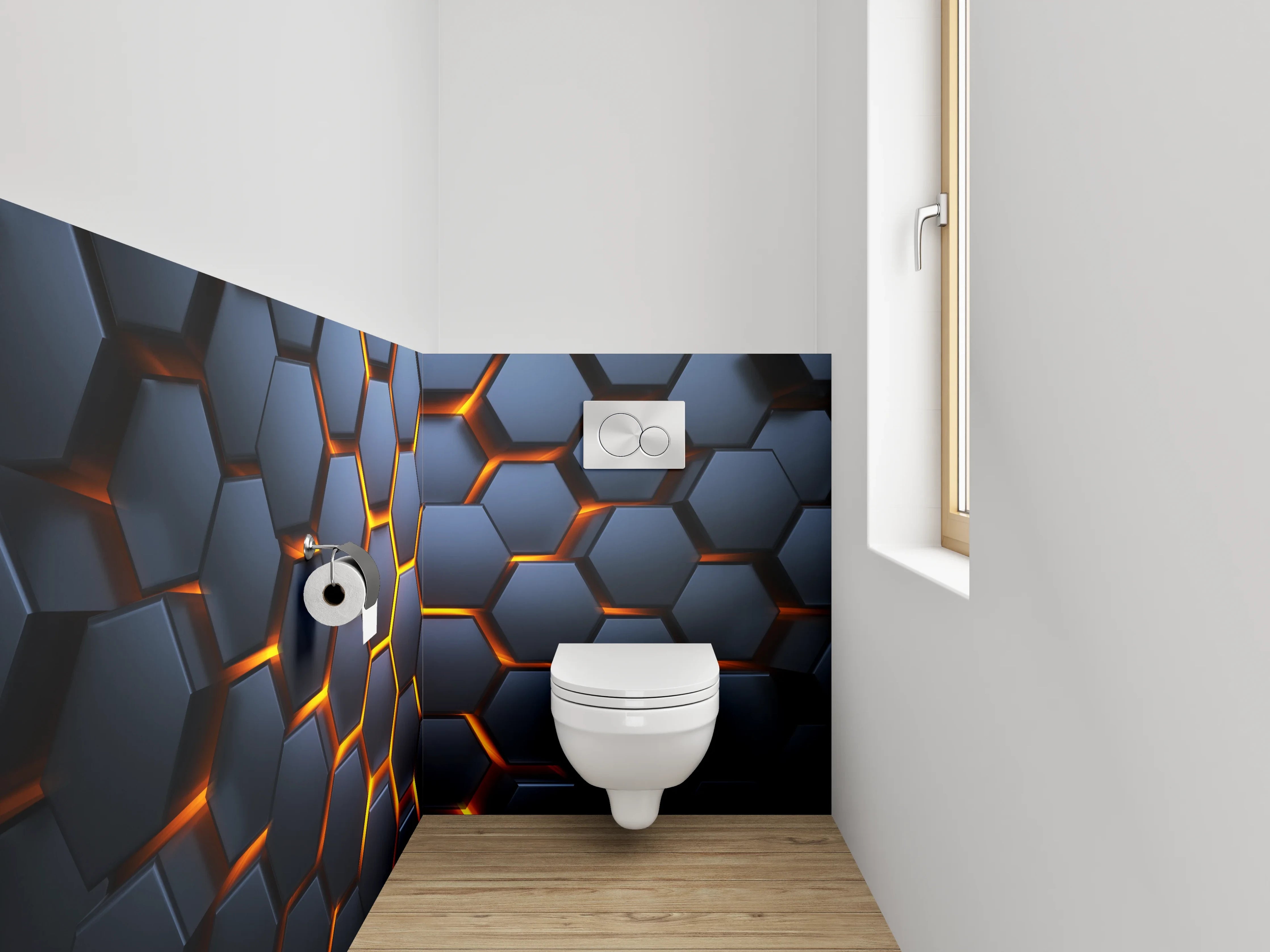 WC-Rückwand - Futuristisches Wabenmuster in Dunkelgrau und Orange