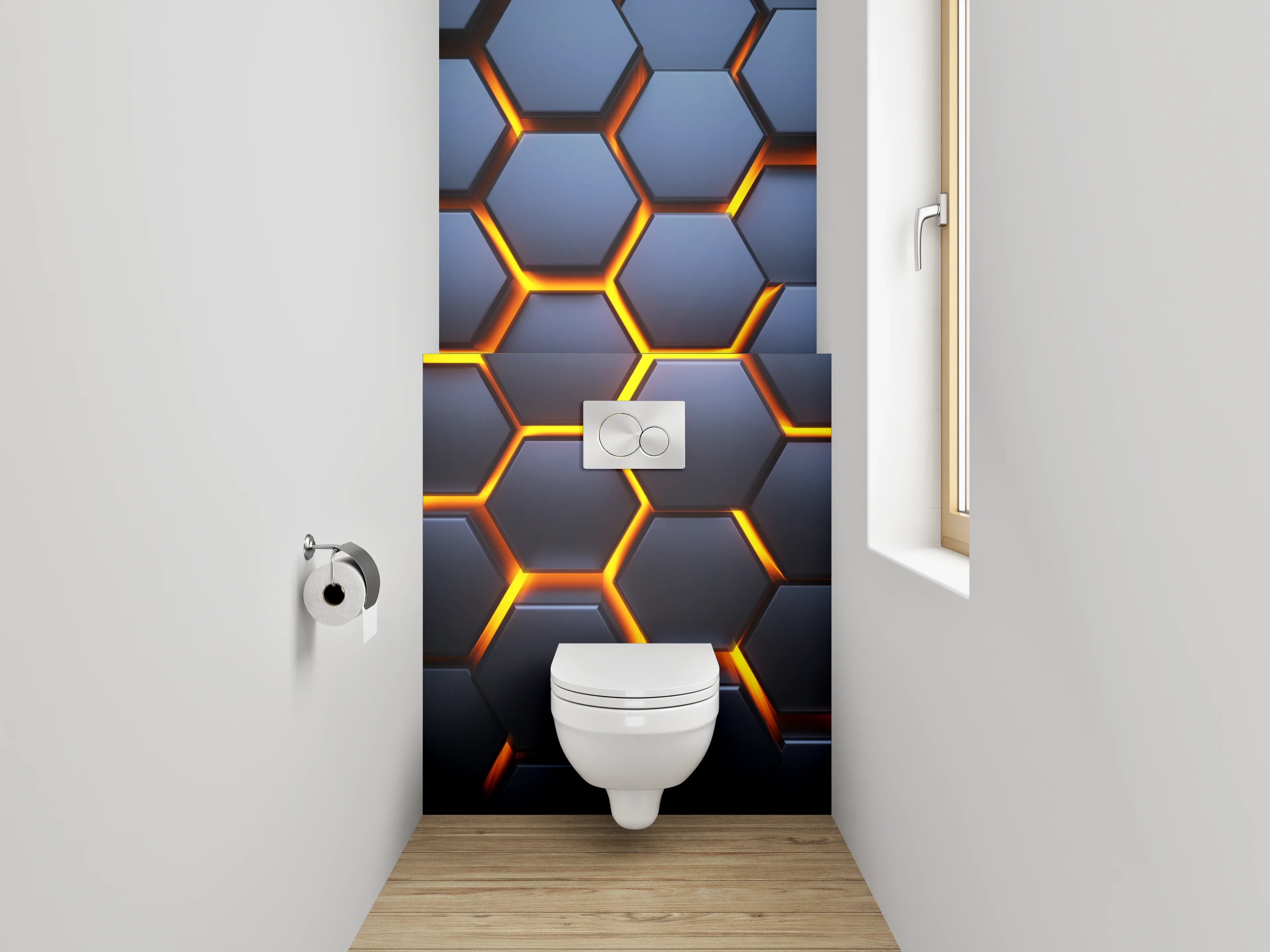 WC-Rückwand - Futuristisches Wabenmuster in Dunkelgrau und Orange