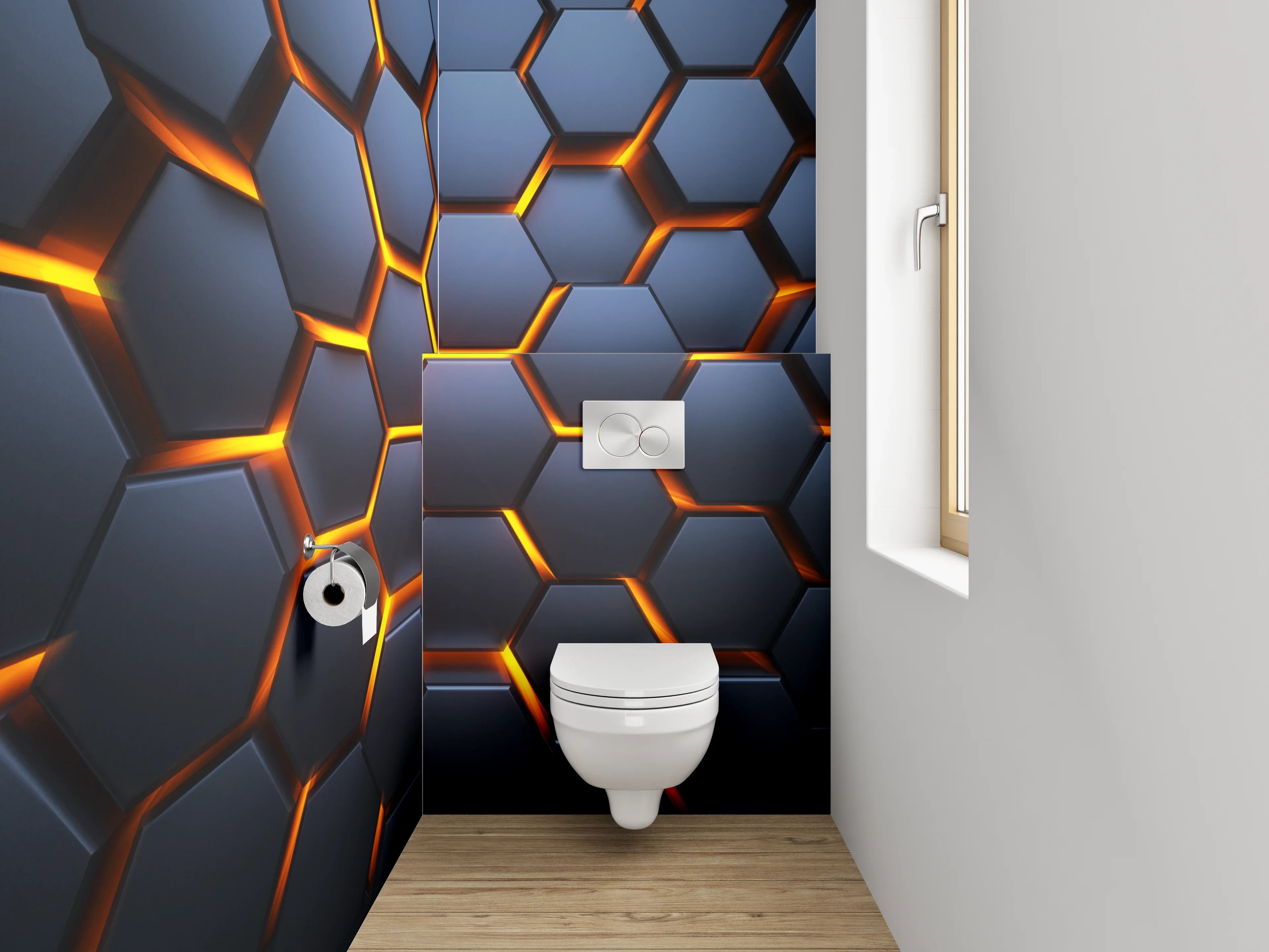 WC-Rückwand - Futuristisches Wabenmuster in Dunkelgrau und Orange