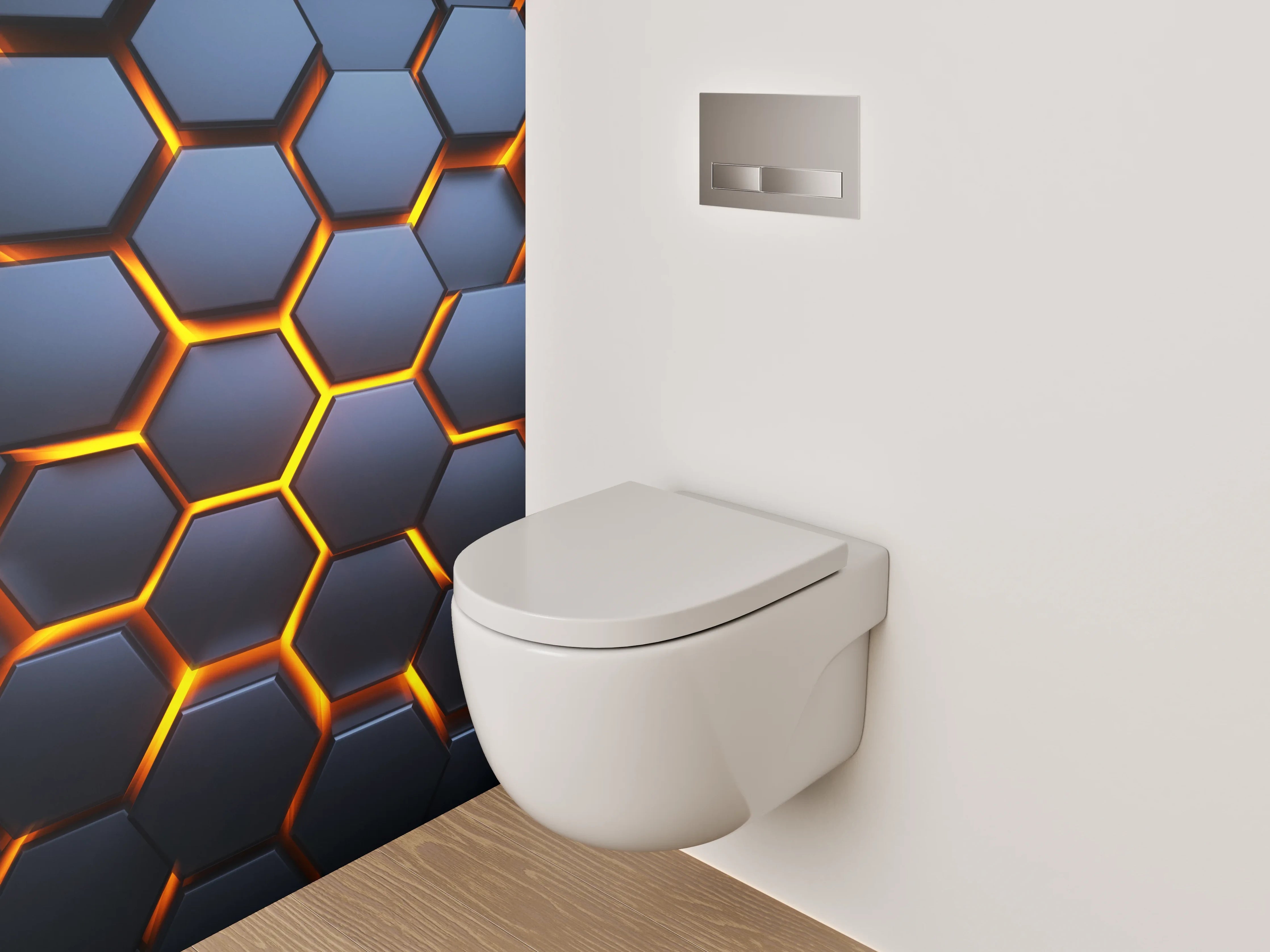 WC-Rückwand - Futuristisches Wabenmuster in Dunkelgrau und Orange