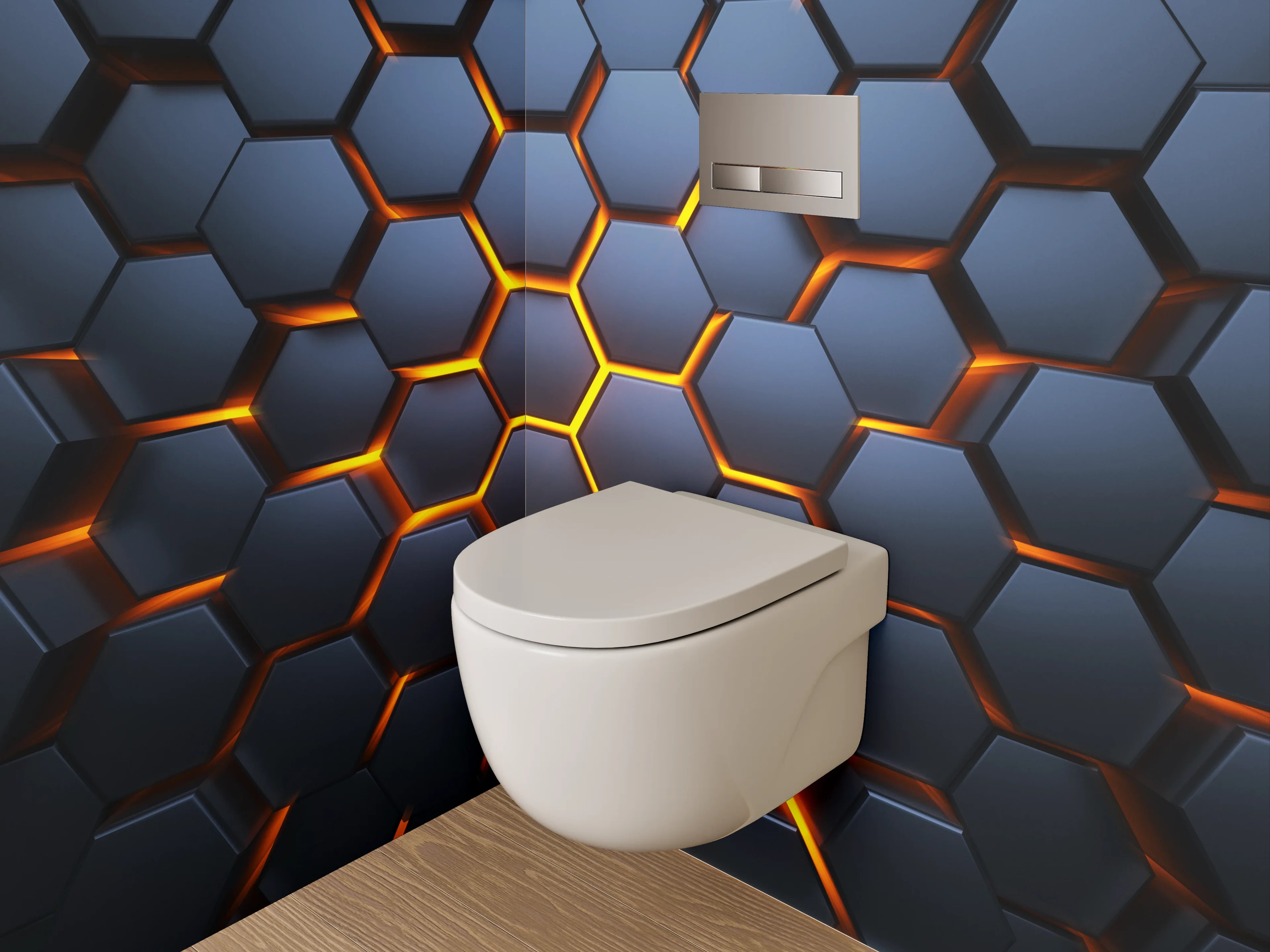 WC-Rückwand - Futuristisches Wabenmuster in Dunkelgrau und Orange