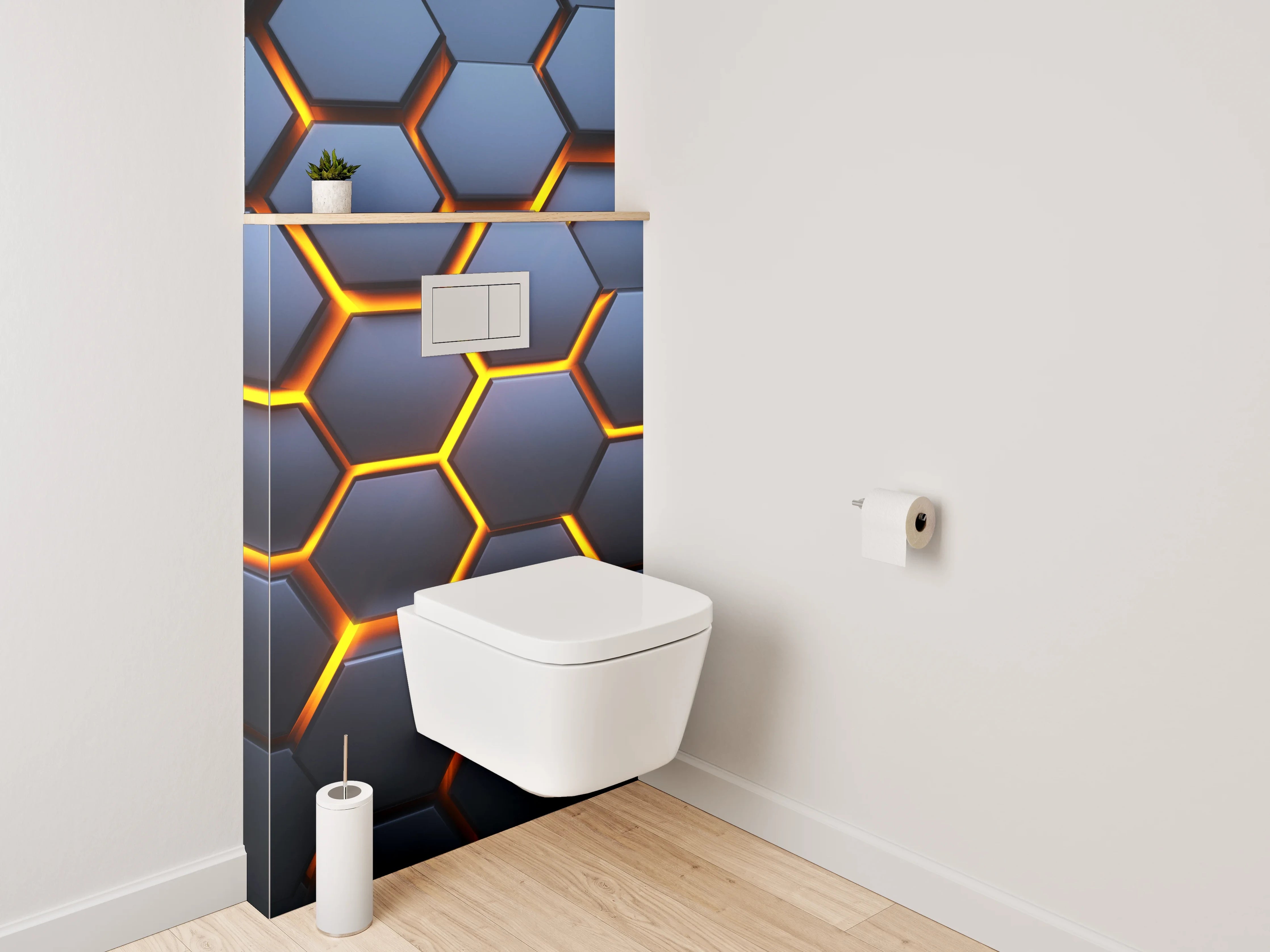 WC-Rückwand - Futuristisches Wabenmuster in Dunkelgrau und Orange