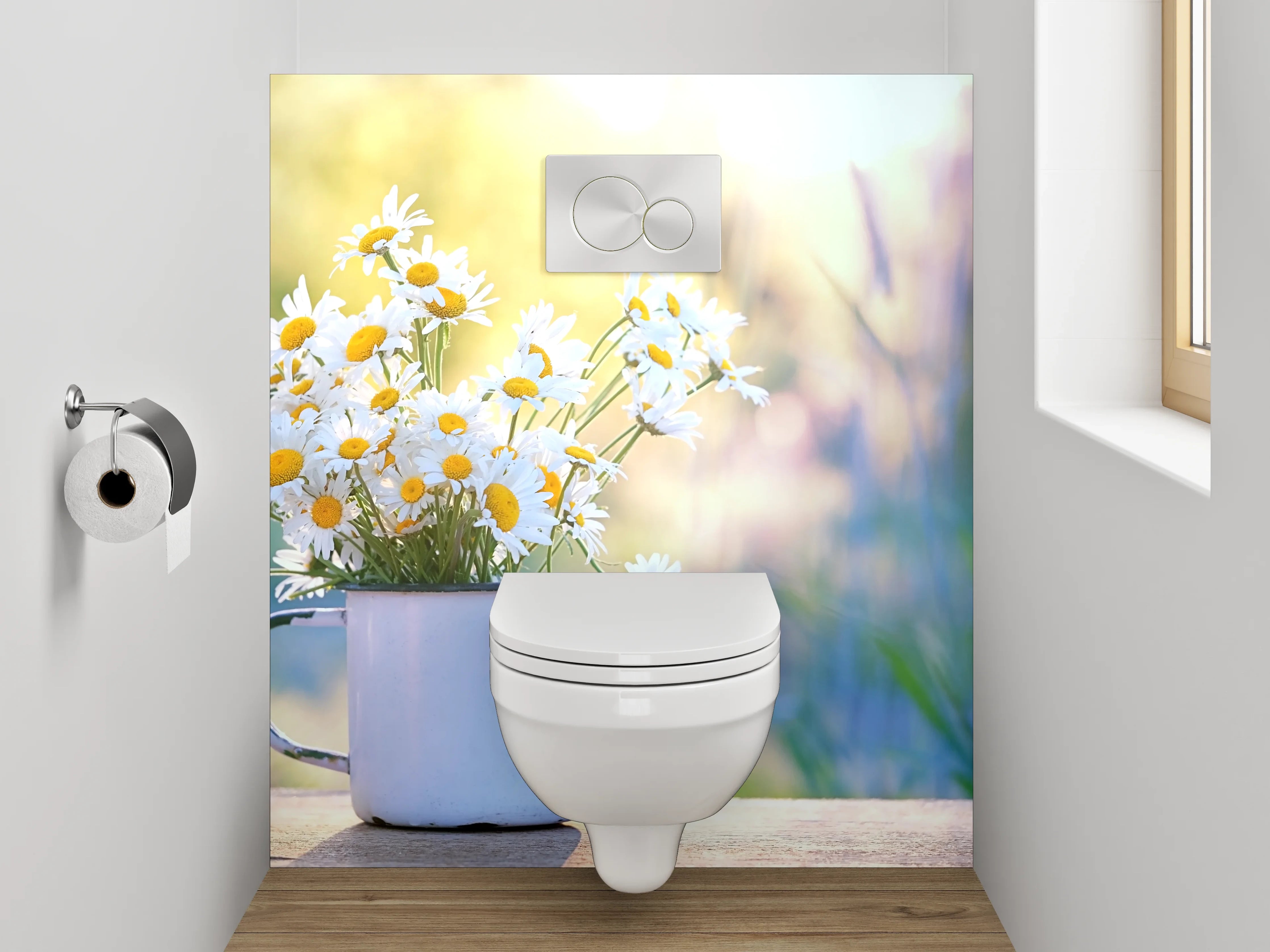 WC-Rückwand - Gänseblümchen im Sonnenlicht – Blumen Tasse