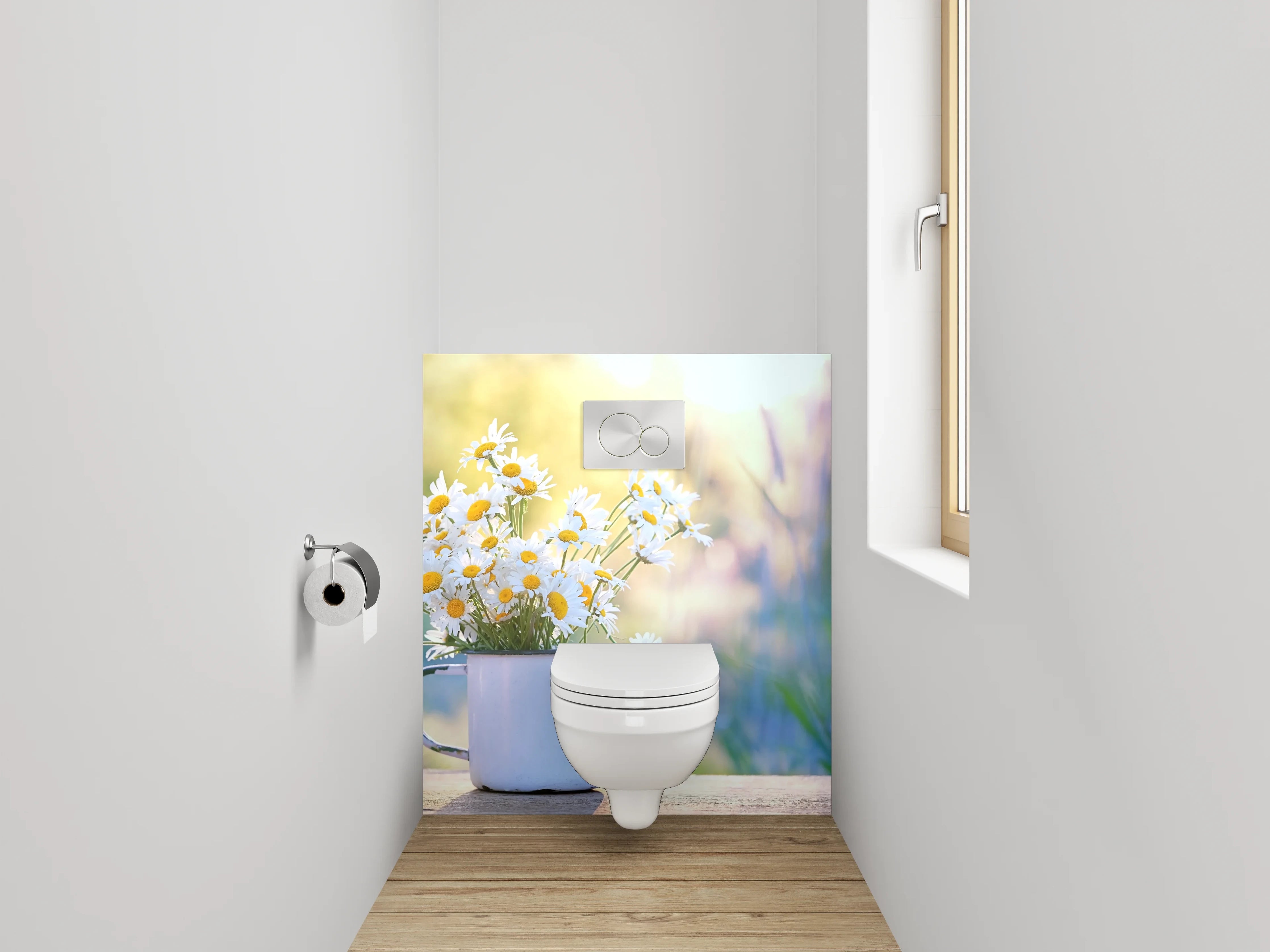 WC-Rückwand - Gänseblümchen im Sonnenlicht – Blumen Tasse