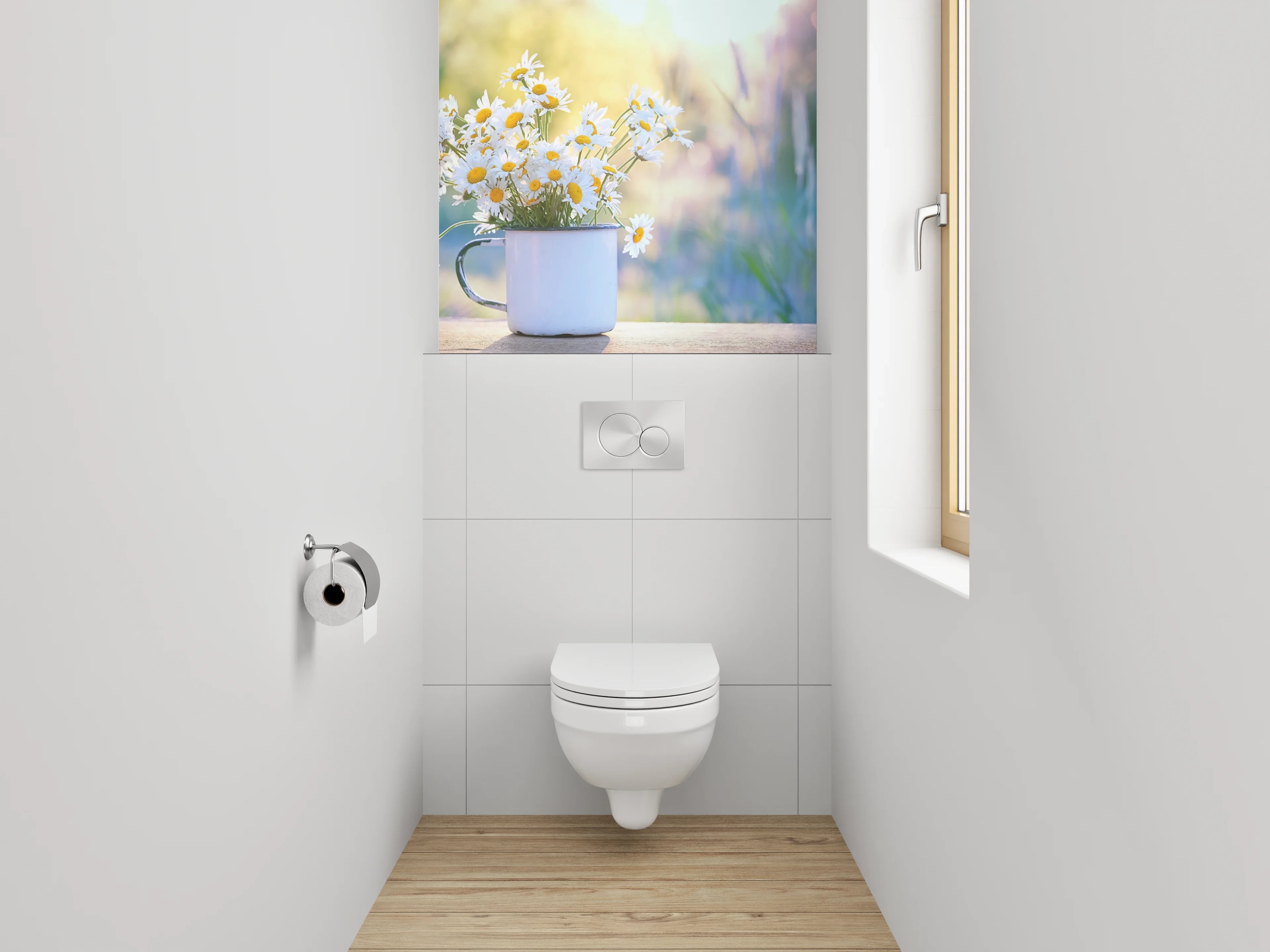 WC-Rückwand - Gänseblümchen im Sonnenlicht – Blumen Tasse