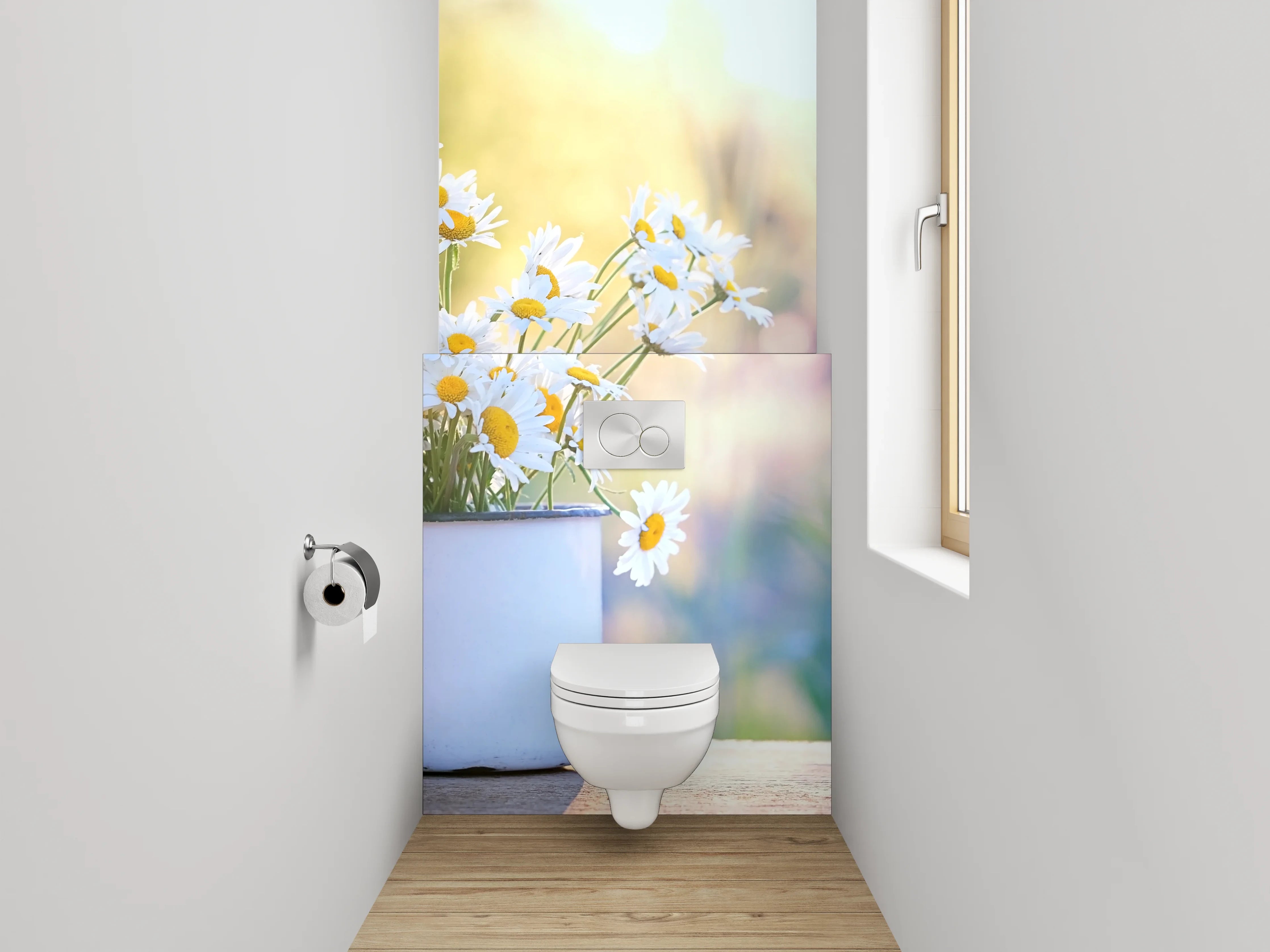 WC-Rückwand - Gänseblümchen im Sonnenlicht – Blumen Tasse