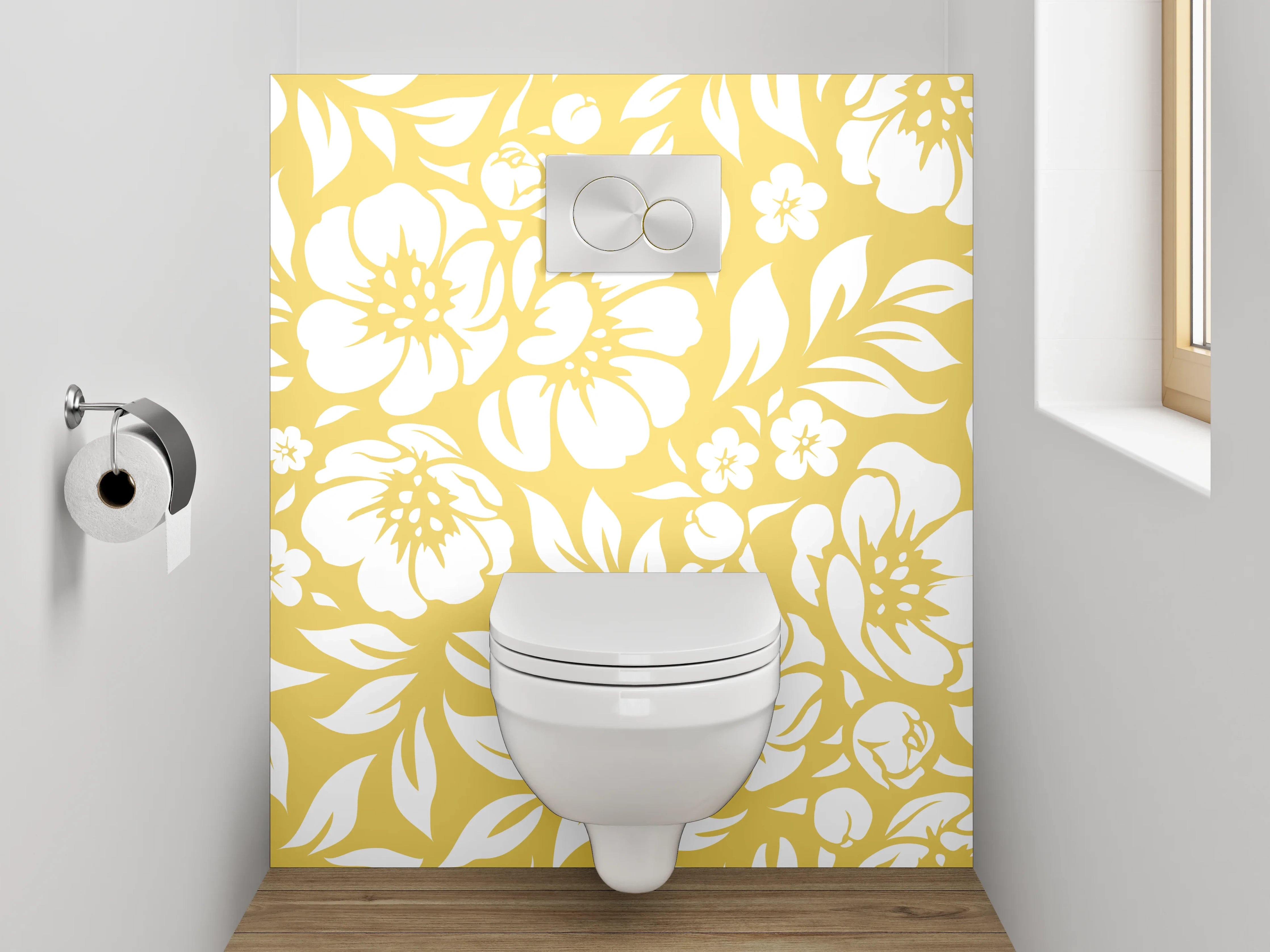 WC-Rückwand - Gelb-Graue Blütenpracht auf Weiß