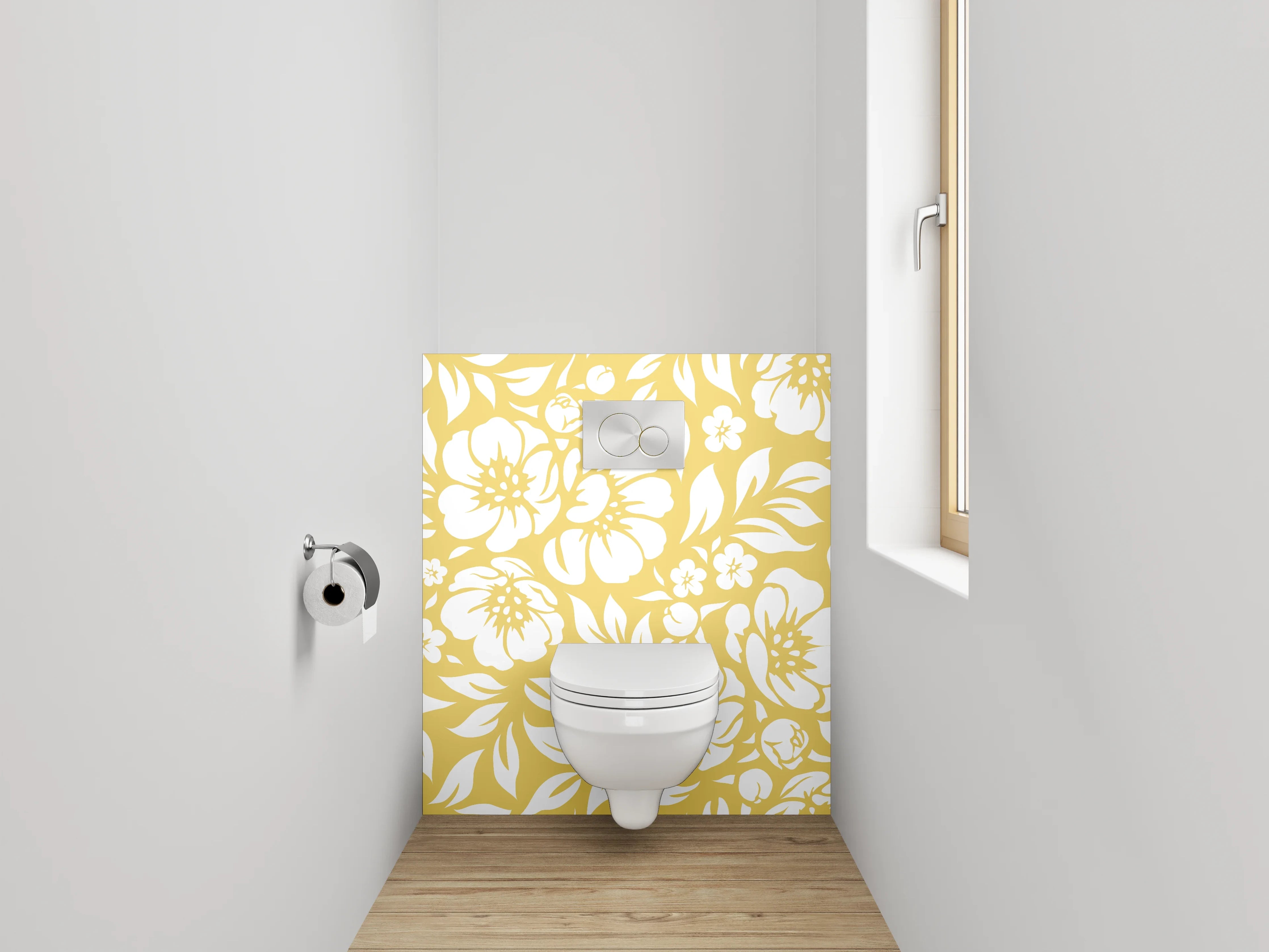 WC-Rückwand - Gelb-Graue Blütenpracht auf Weiß