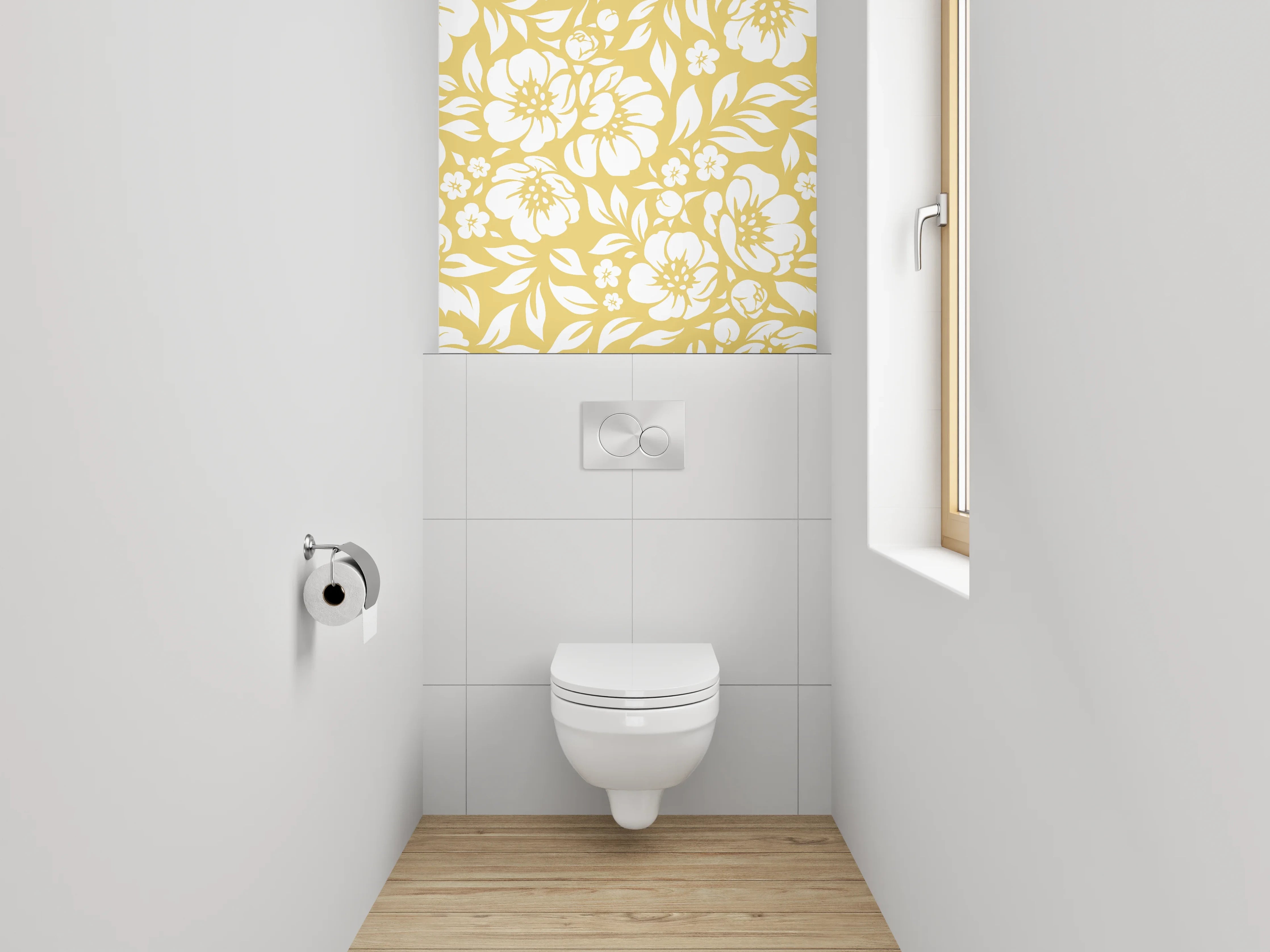 WC-Rückwand - Gelb-Graue Blütenpracht auf Weiß