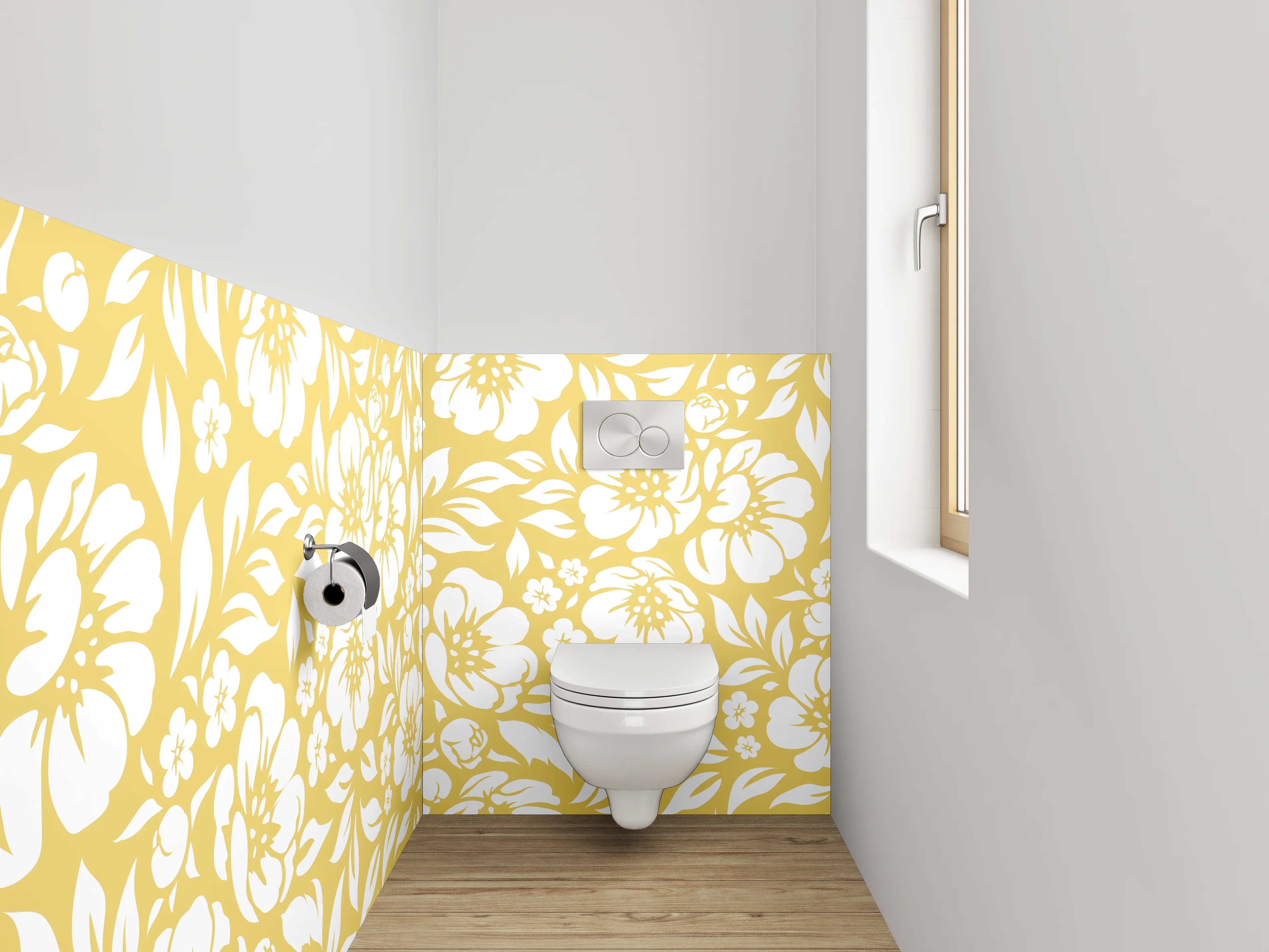WC-Rückwand - Gelb-Graue Blütenpracht auf Weiß