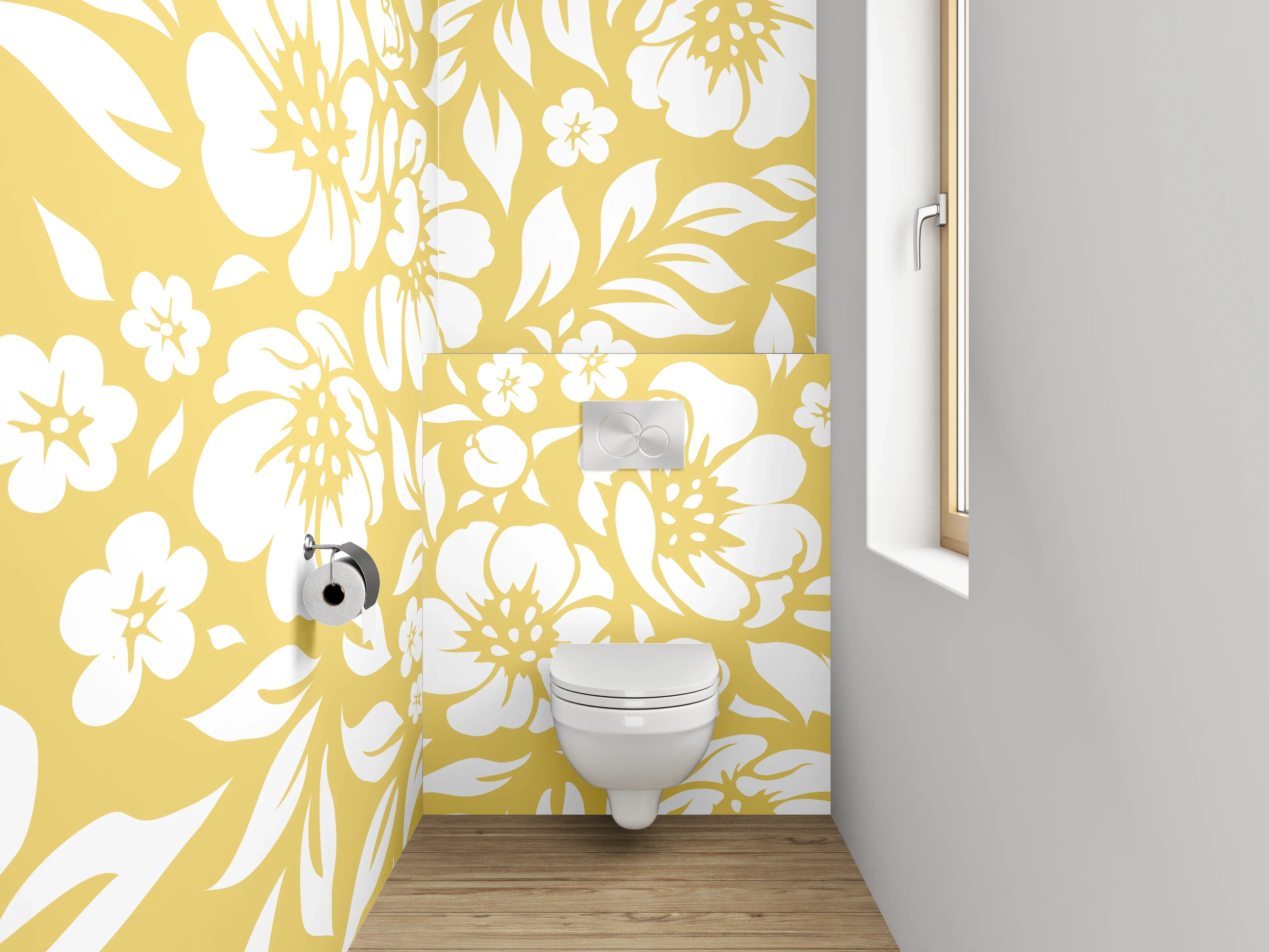 WC-Rückwand - Gelb-Graue Blütenpracht auf Weiß