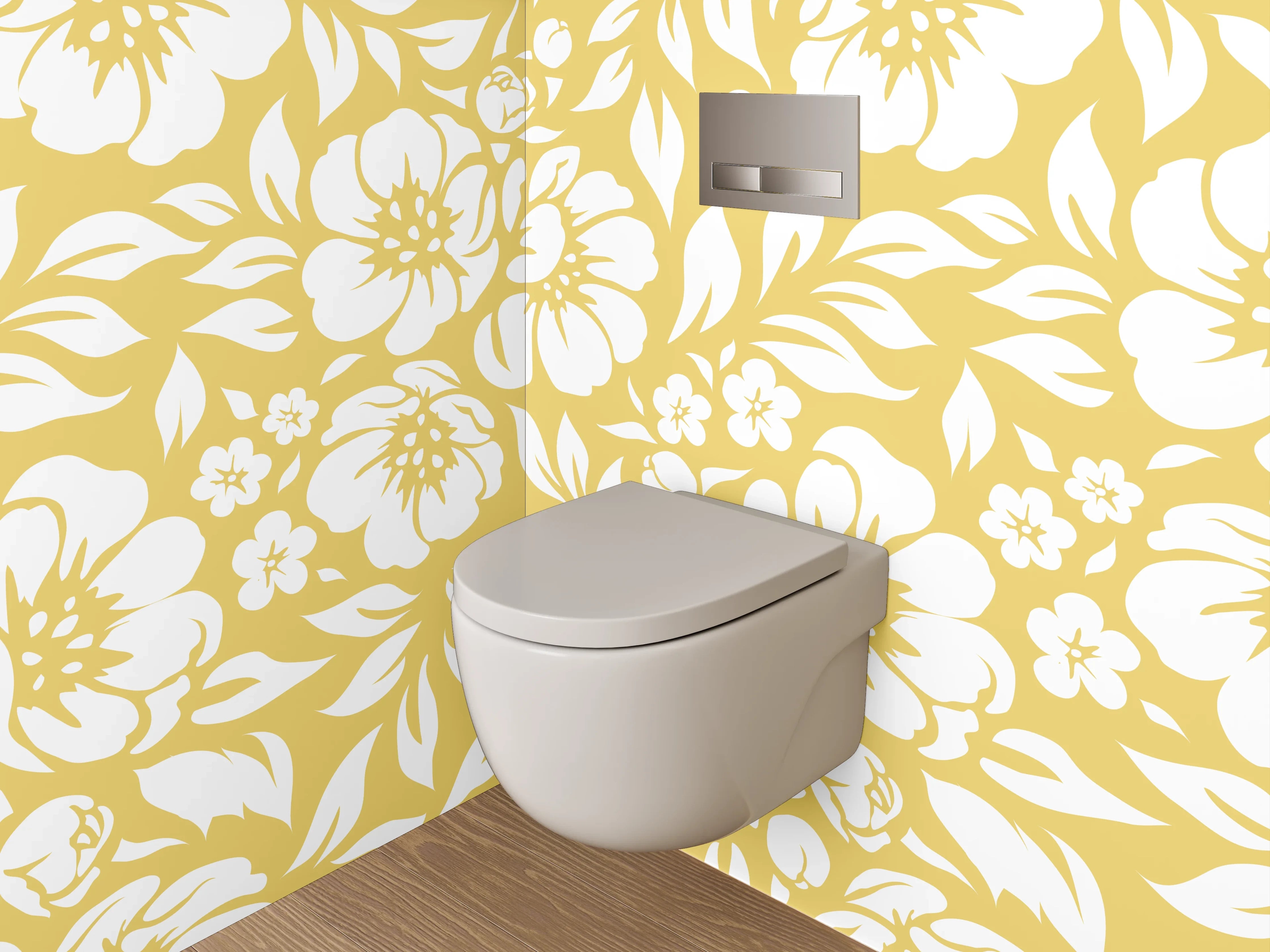 WC-Rückwand - Gelb-Graue Blütenpracht auf Weiß