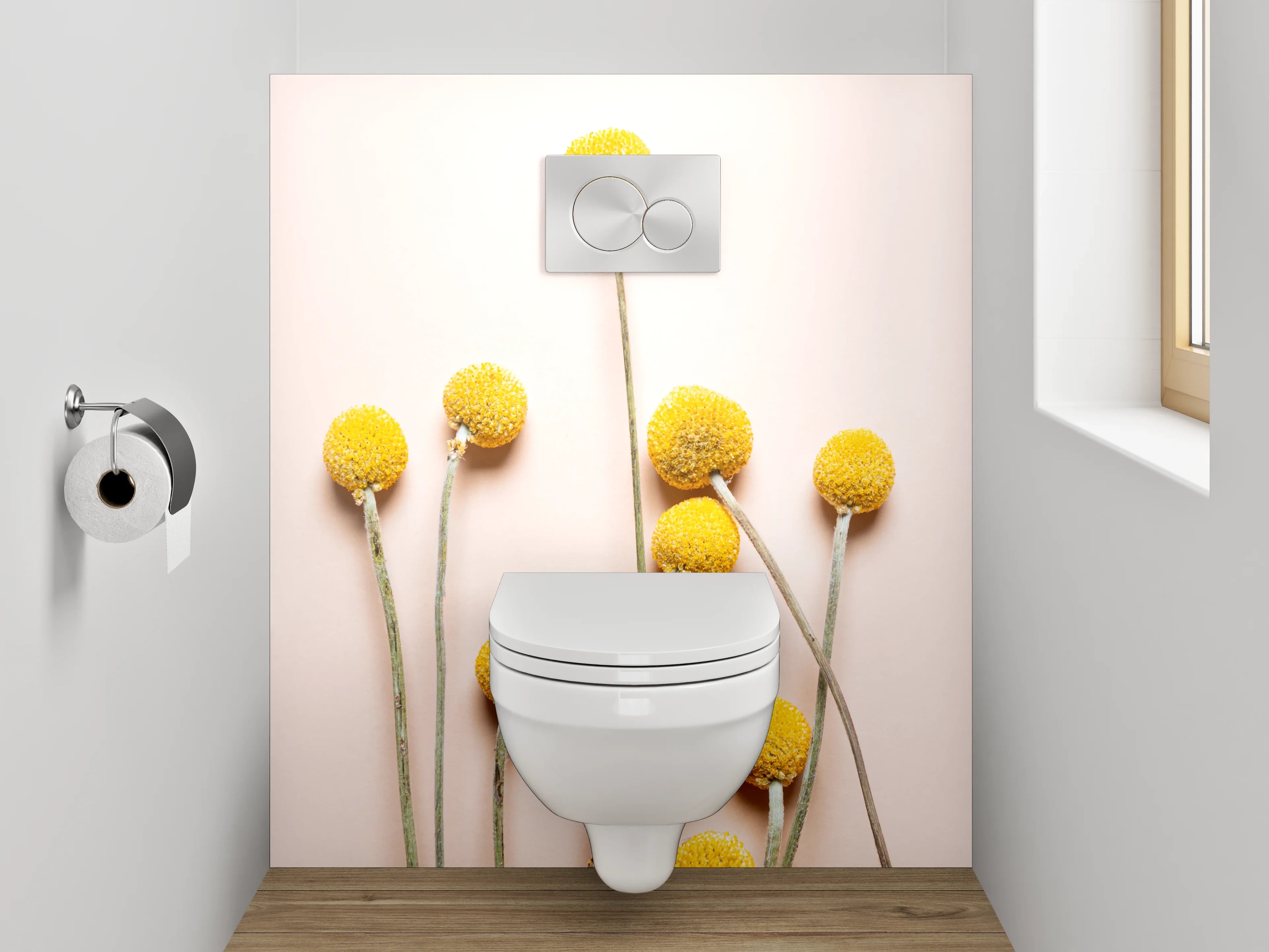 WC-Rückwand - Gelbe Kugelblumen auf zartem Hintergrund