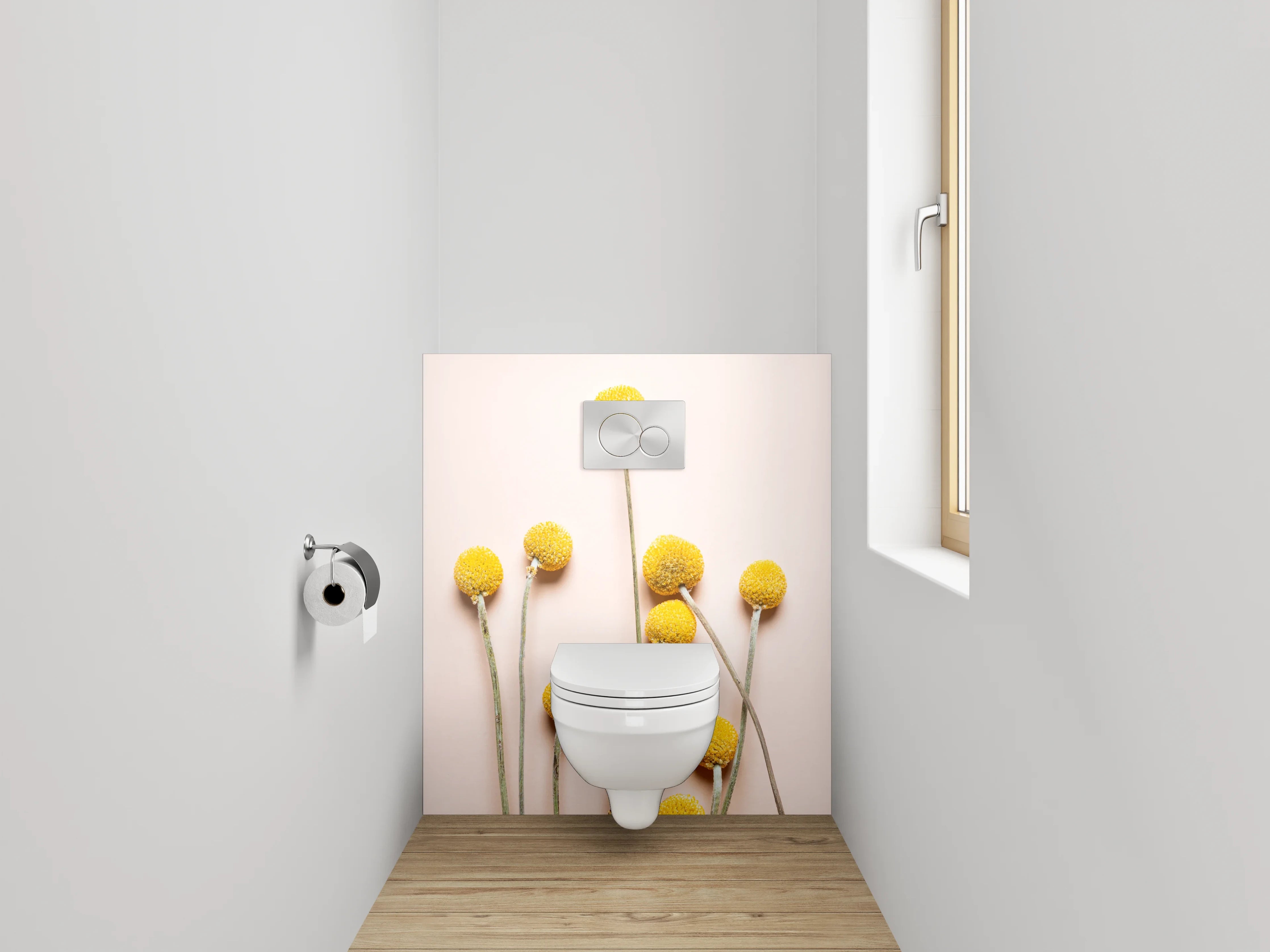 WC-Rückwand - Gelbe Kugelblumen auf zartem Hintergrund
