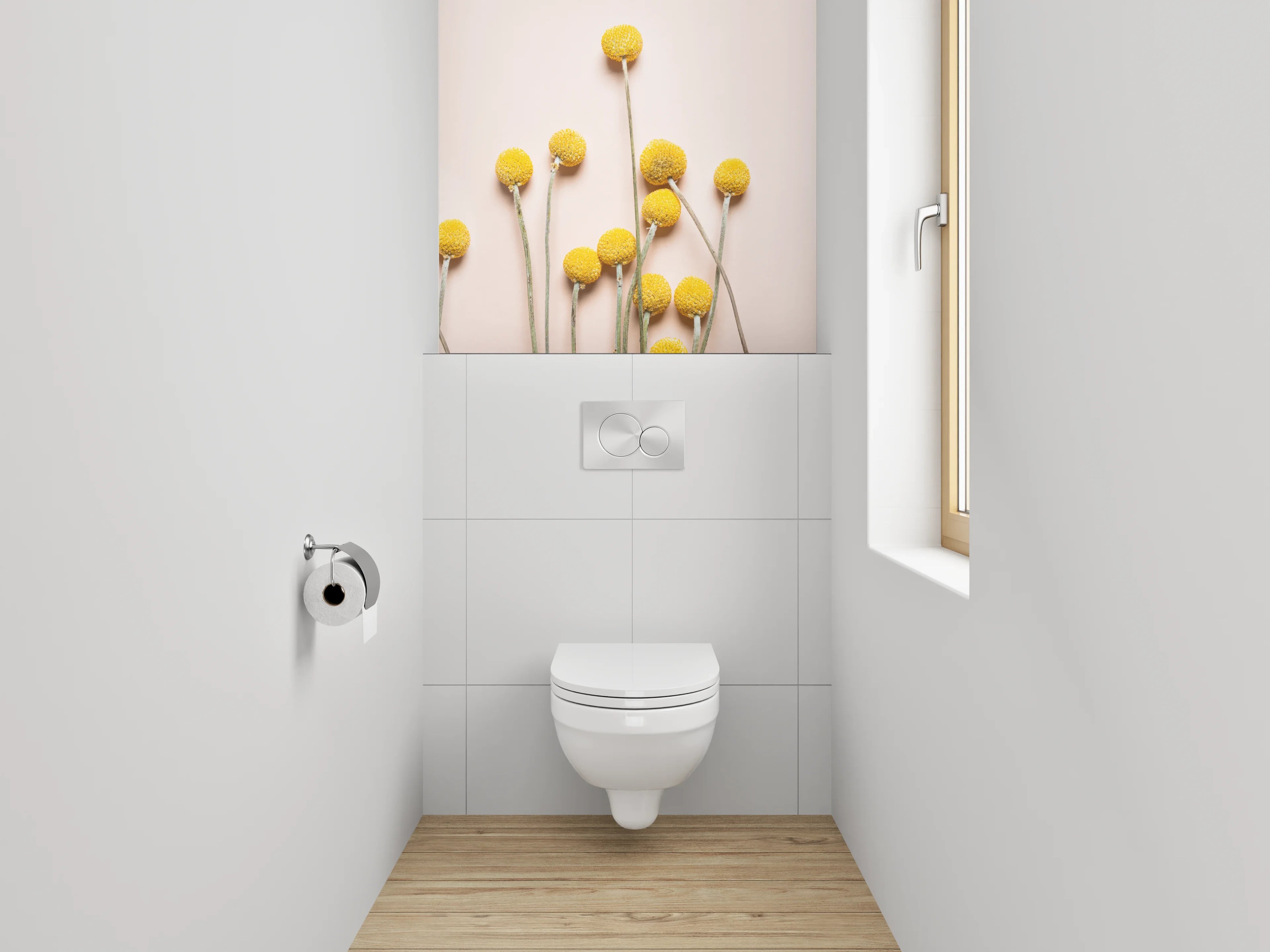 WC-Rückwand - Gelbe Kugelblumen auf zartem Hintergrund
