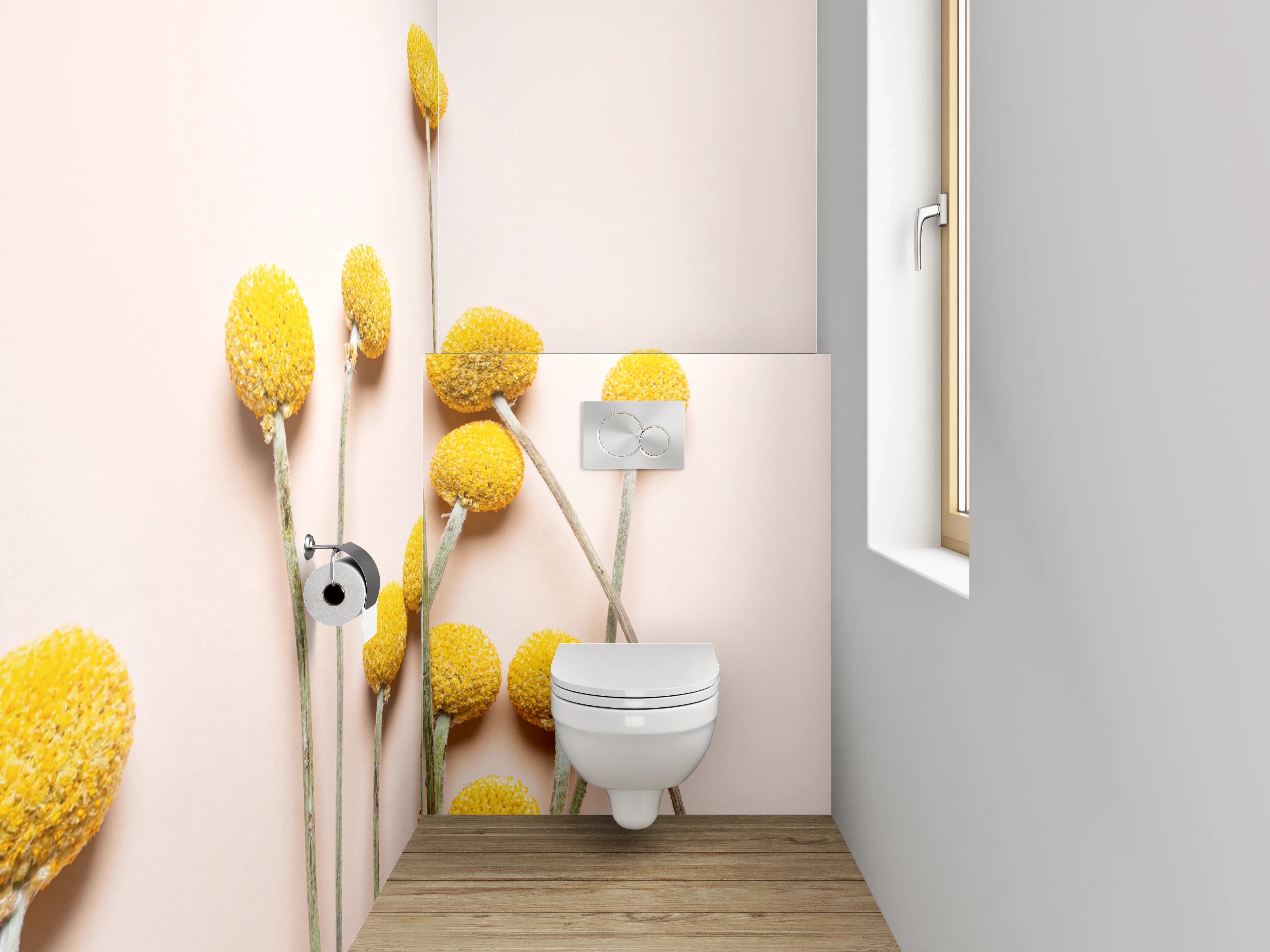 WC-Rückwand - Gelbe Kugelblumen auf zartem Hintergrund