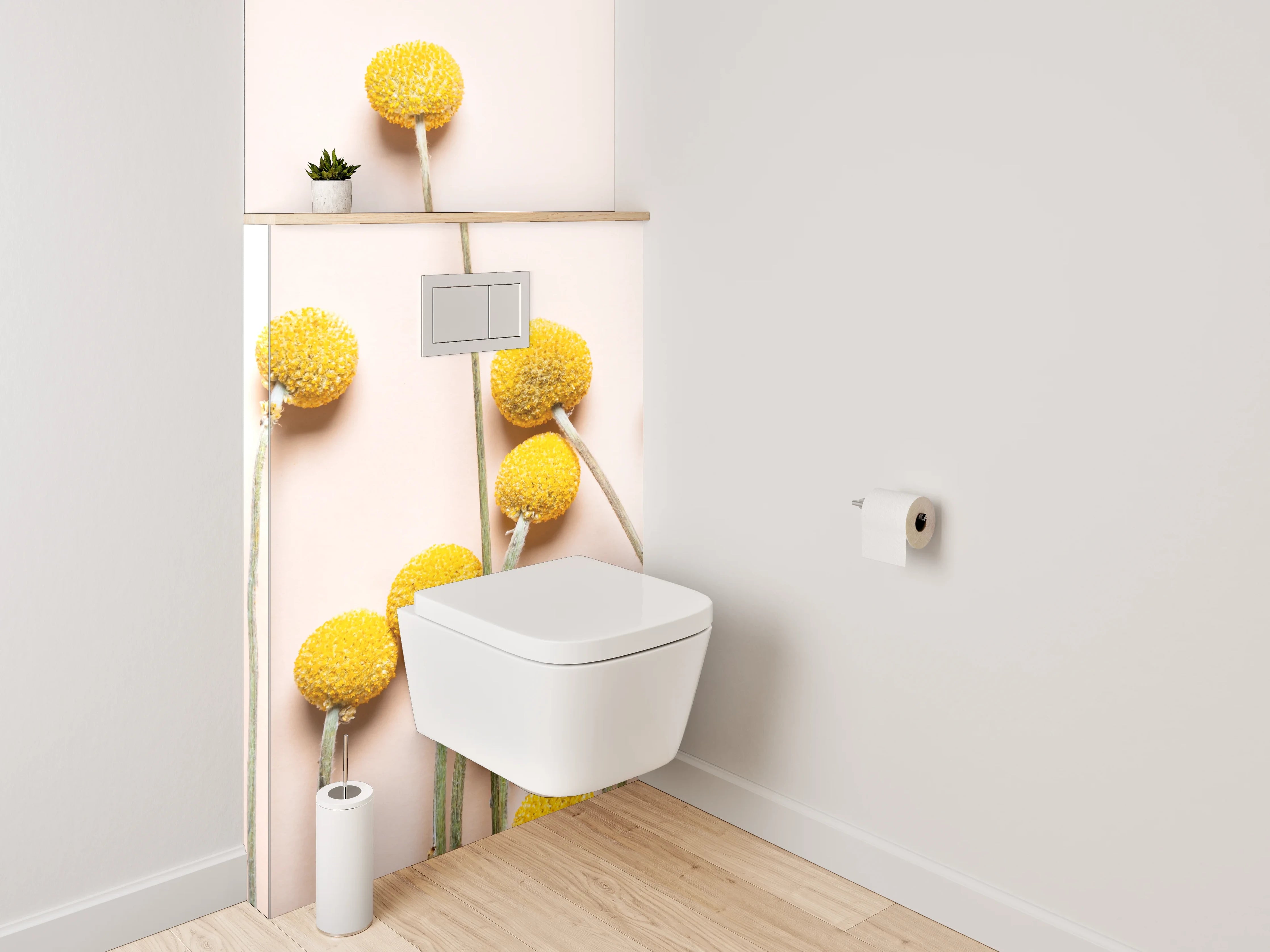 WC-Rückwand - Gelbe Kugelblumen auf zartem Hintergrund