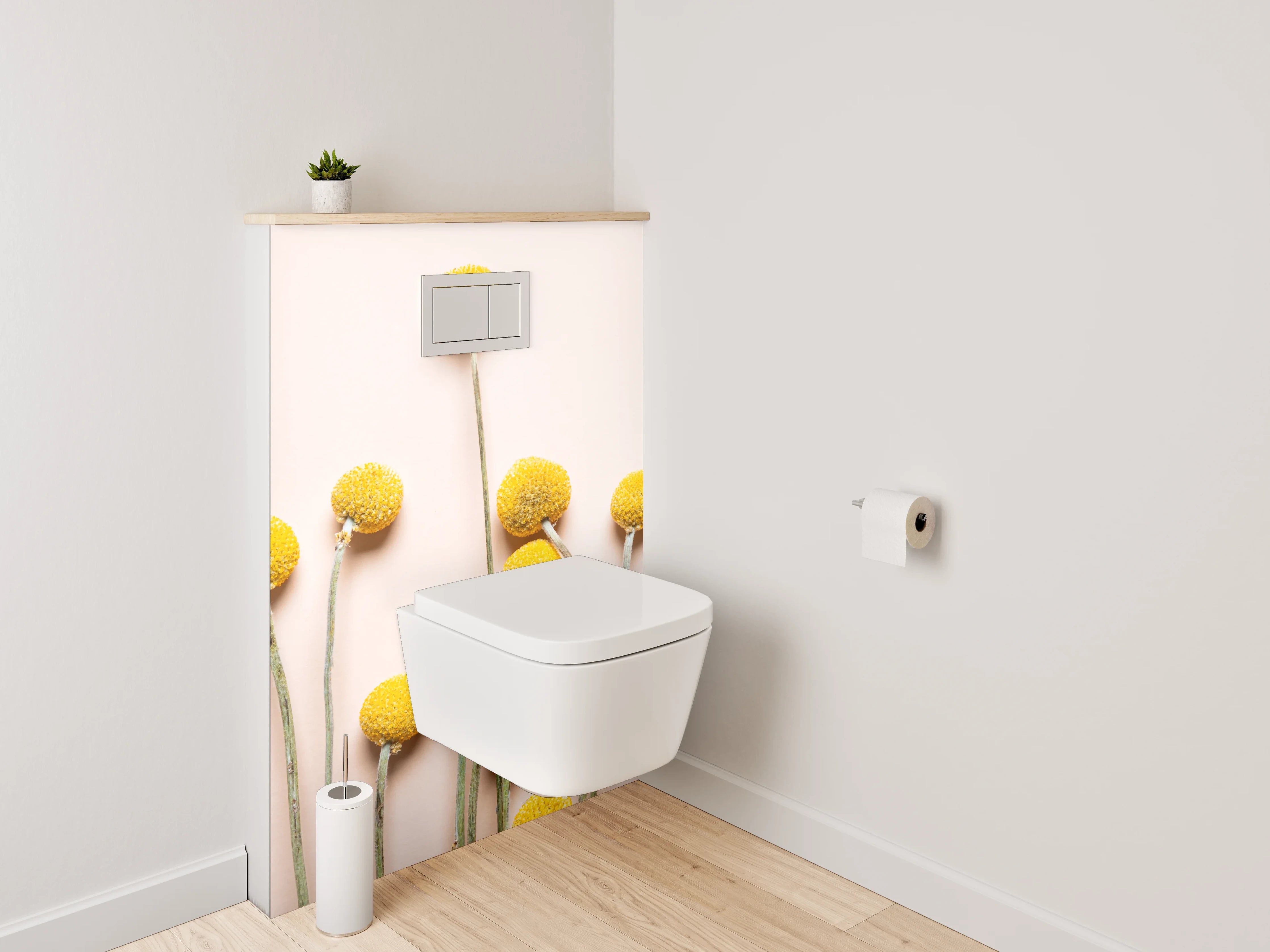 WC-Rückwand - Gelbe Kugelblumen auf zartem Hintergrund