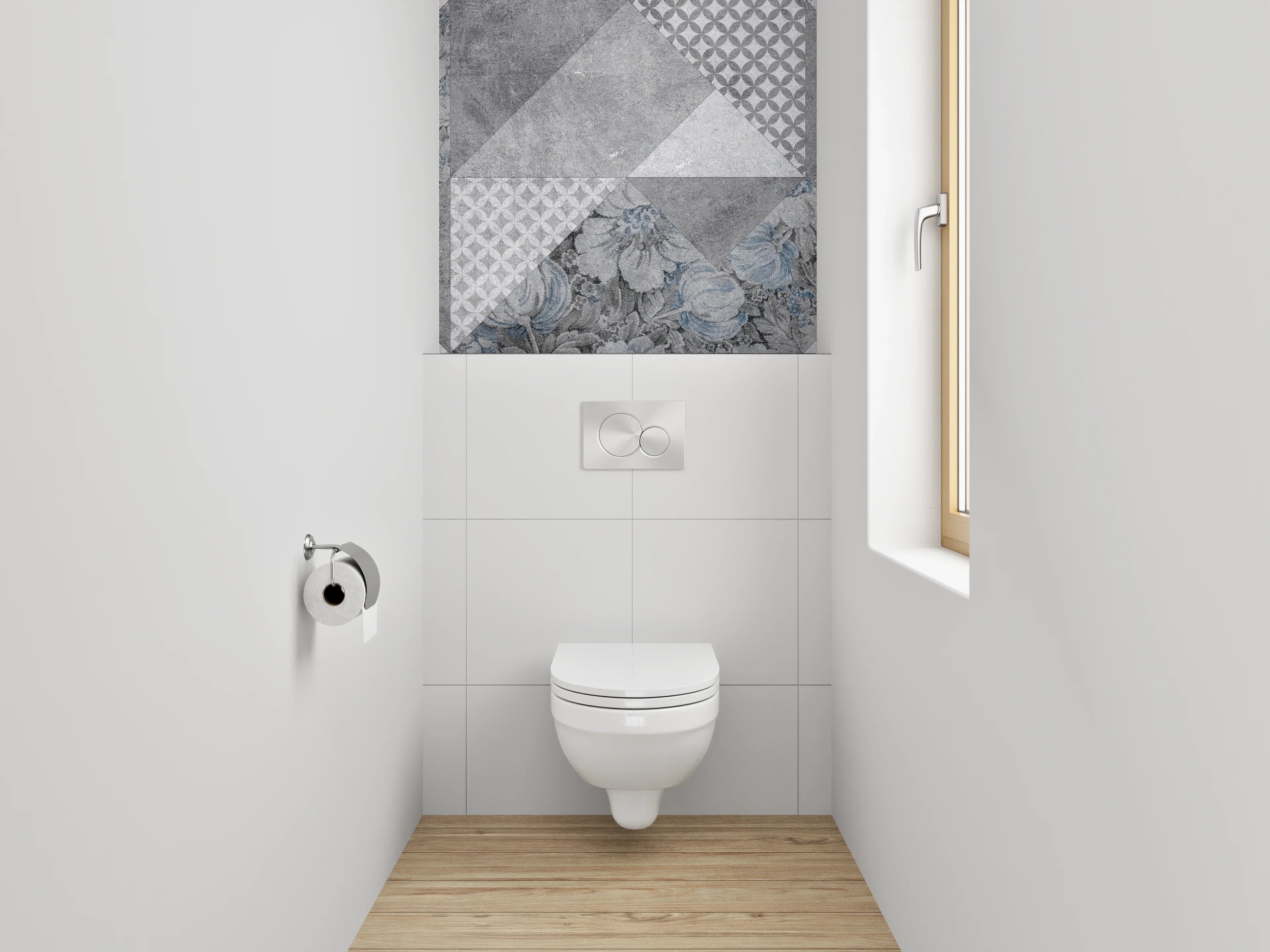 WC-Rückwand - Geometrisch Floral Grau-Blau Fliesenmuster