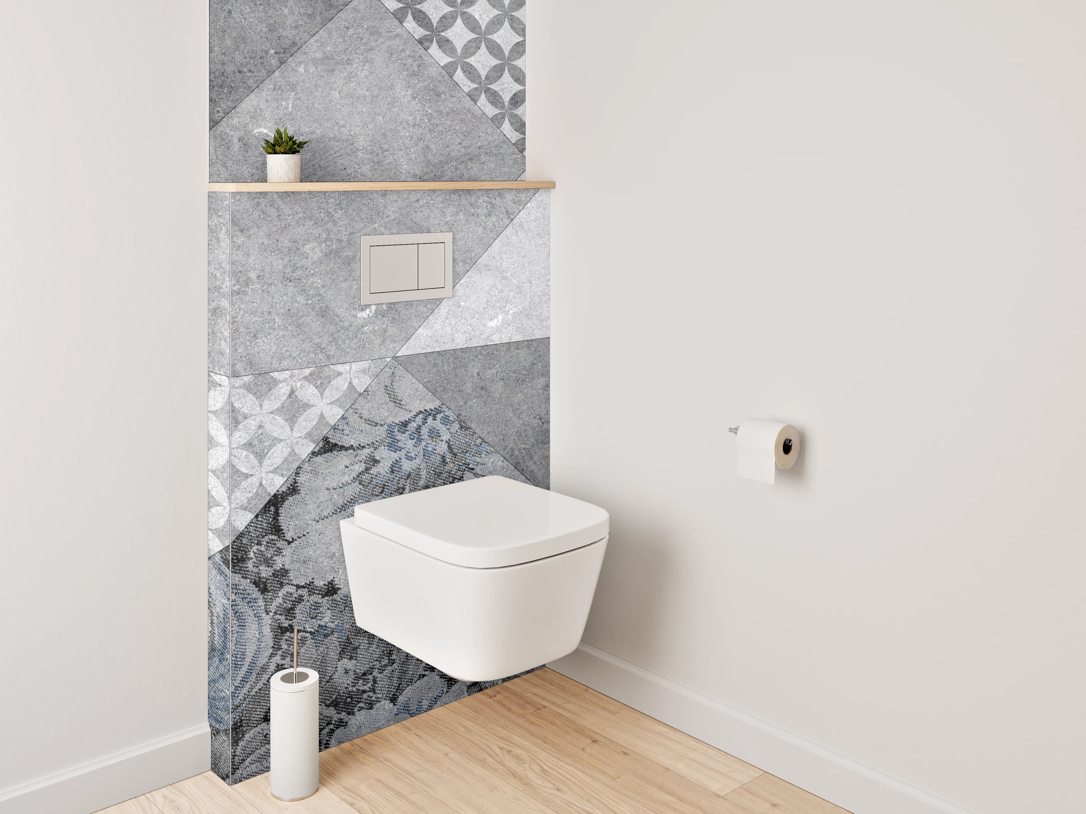 WC-Rückwand - Geometrisch Floral Grau-Blau Fliesenmuster