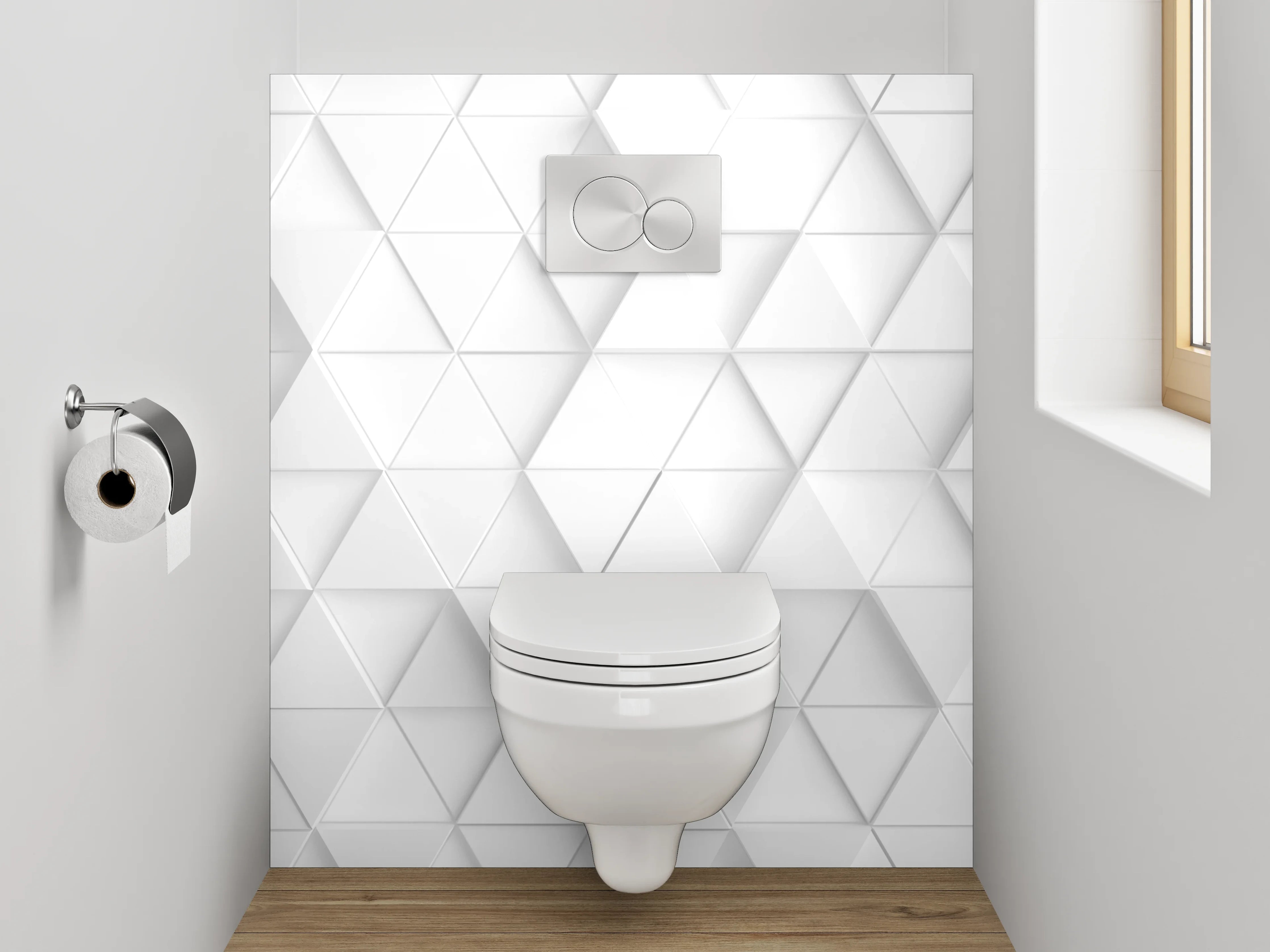 WC-Rückwand - Geometrische 3D-Muster in Weiß und Grau