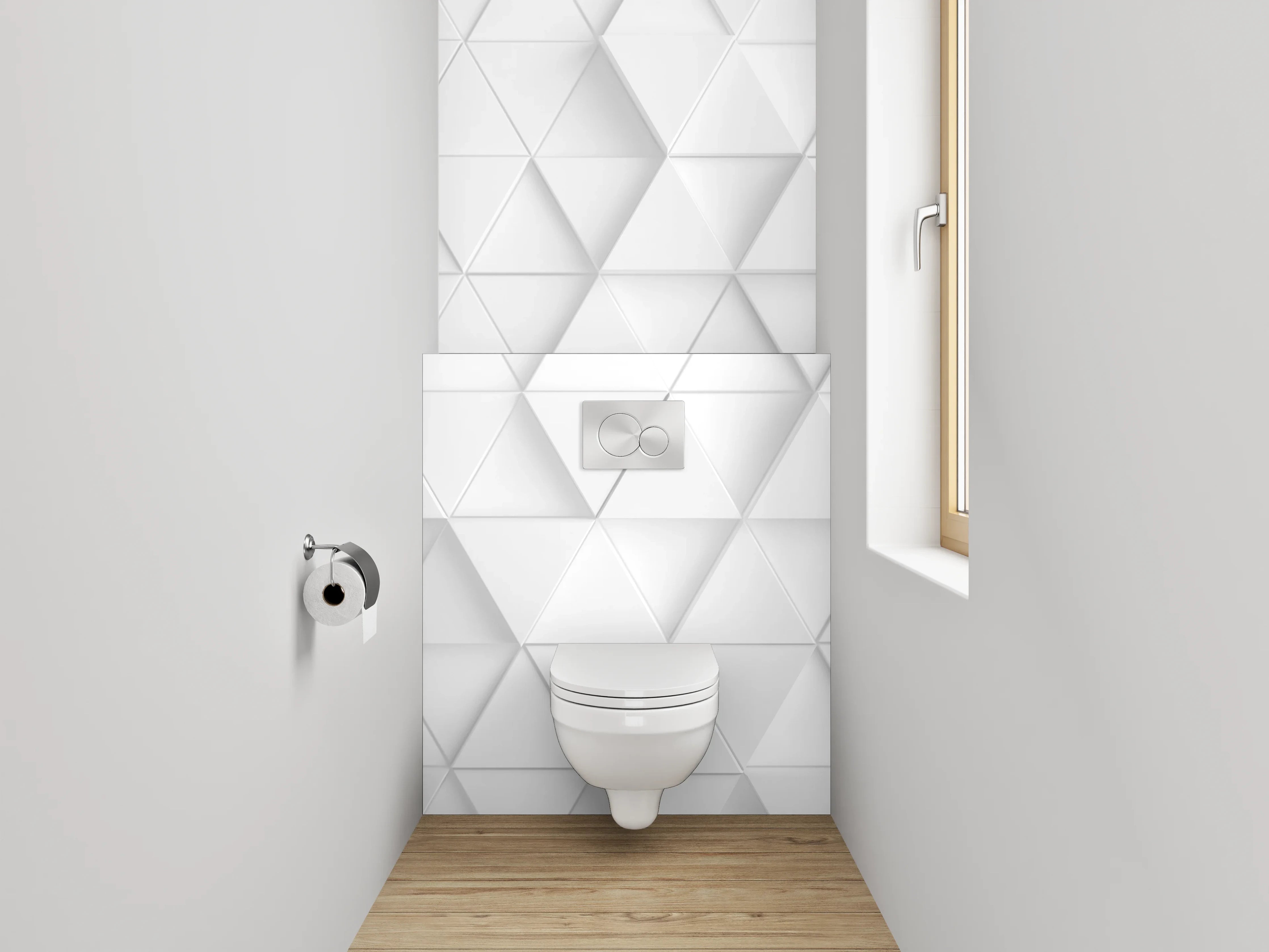WC-Rückwand - Geometrische 3D-Muster in Weiß und Grau