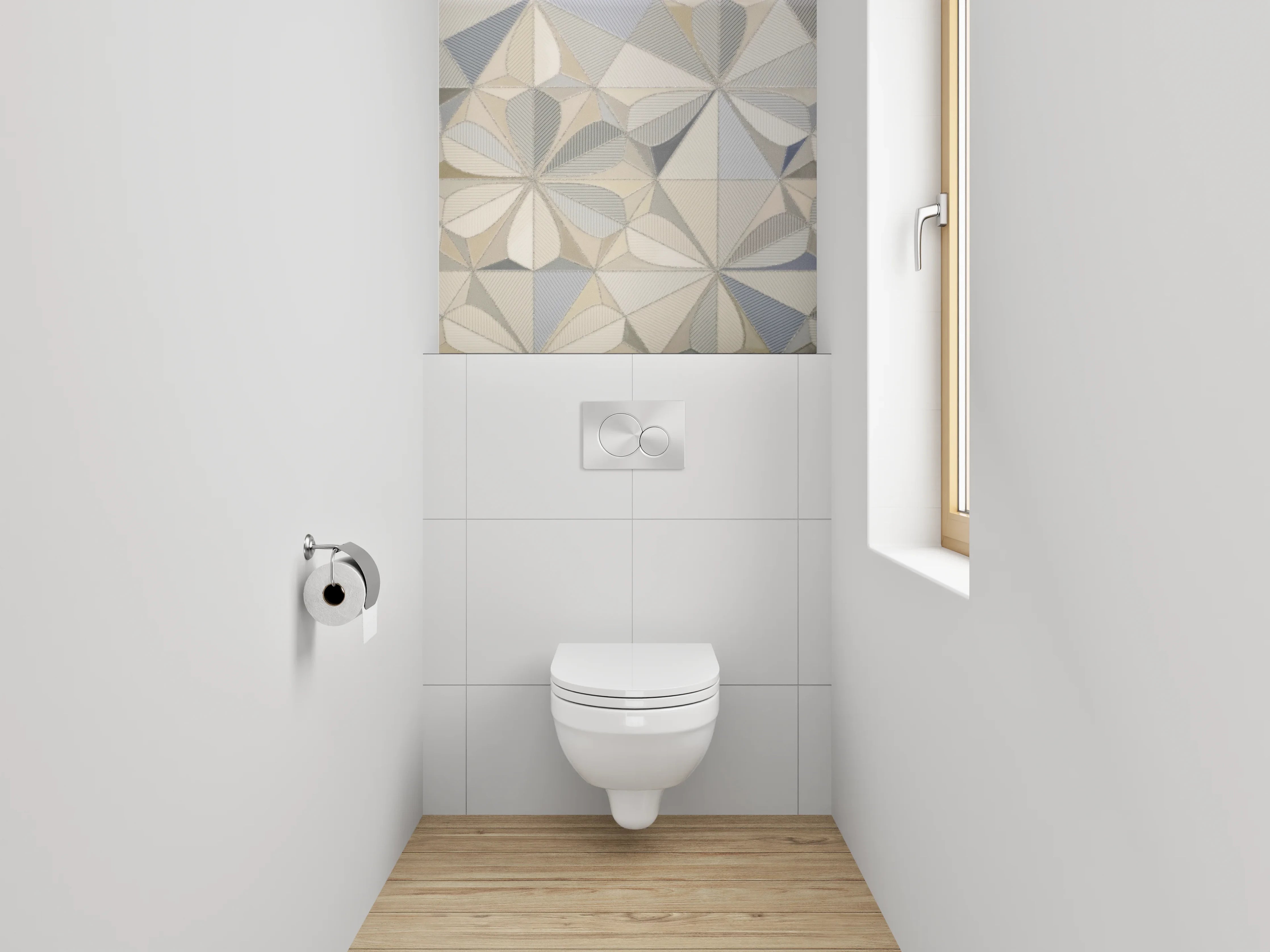 WC-Rückwand - Geometrische Fliesen in Weiß und Grau