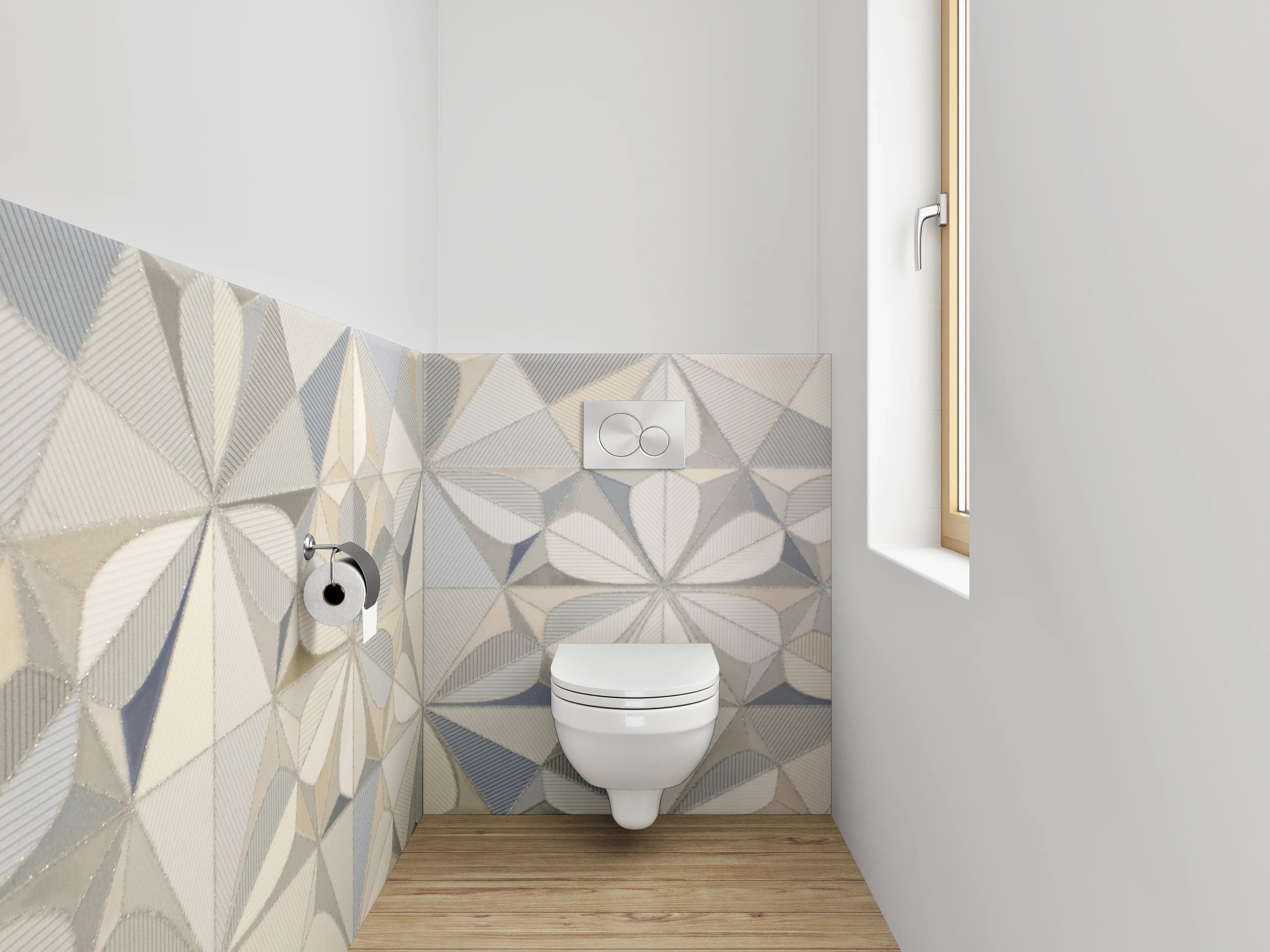 WC-Rückwand - Geometrische Fliesen in Weiß und Grau