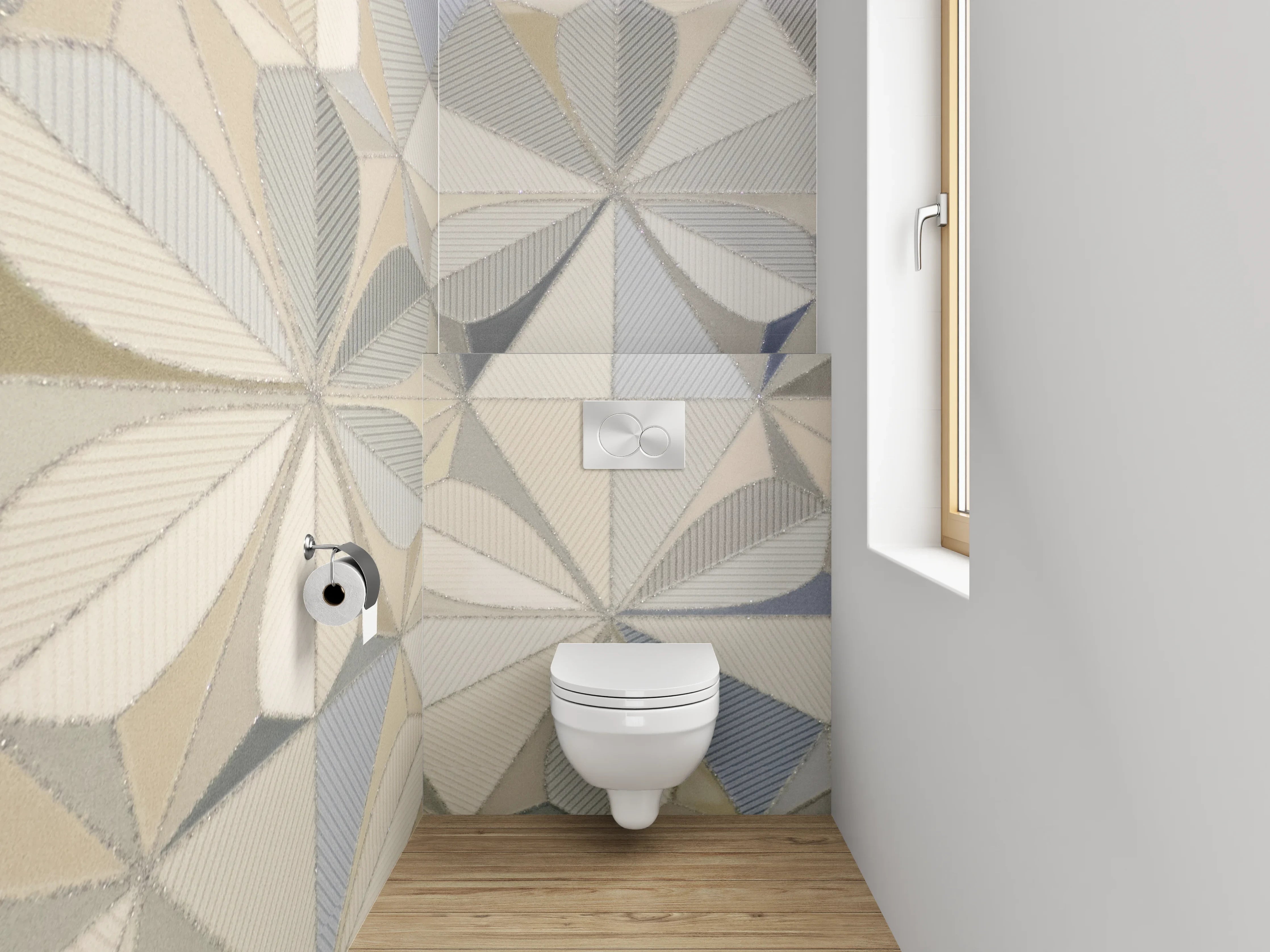 WC-Rückwand - Geometrische Fliesen in Weiß und Grau