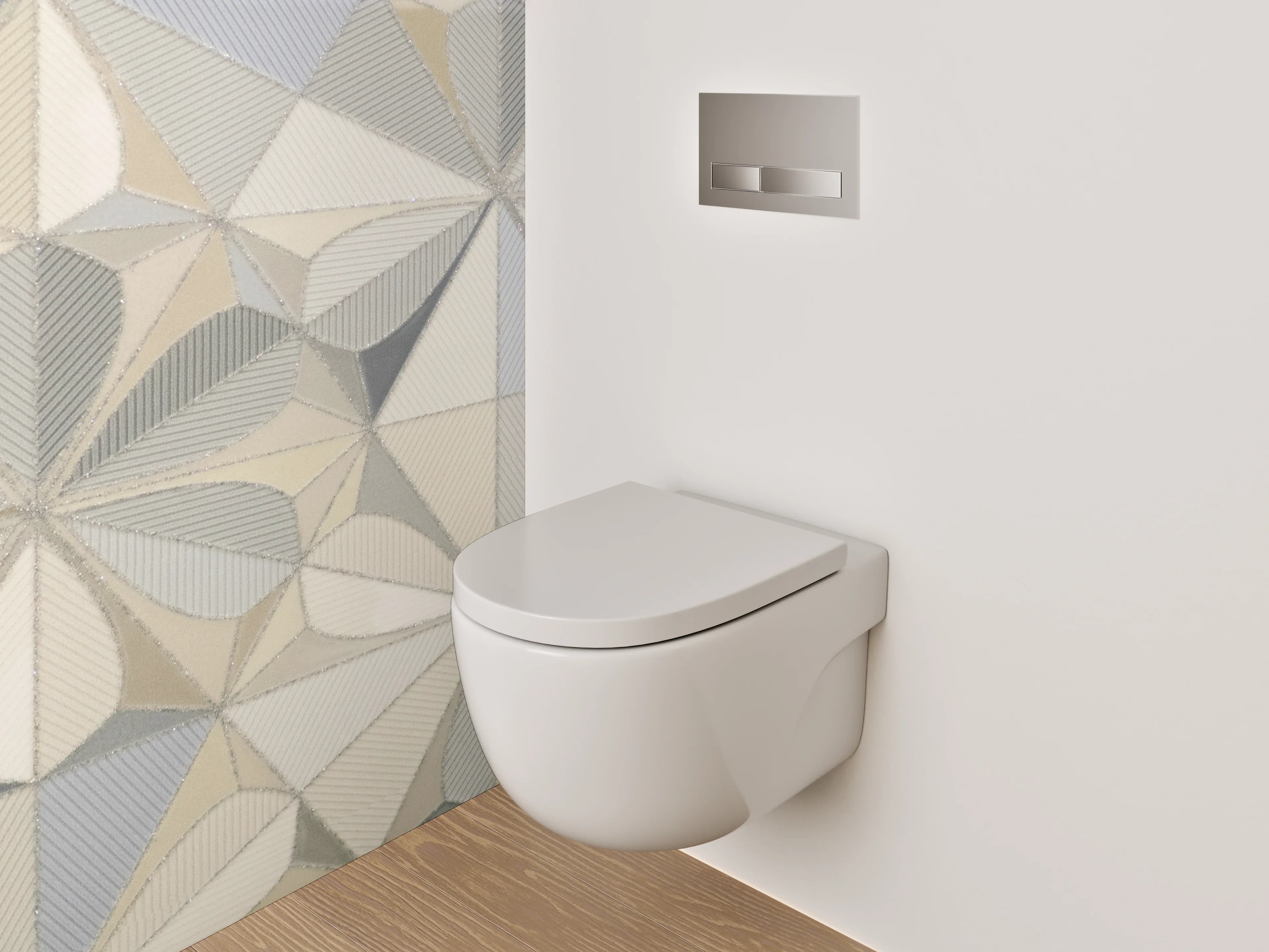 WC-Rückwand - Geometrische Fliesen in Weiß und Grau