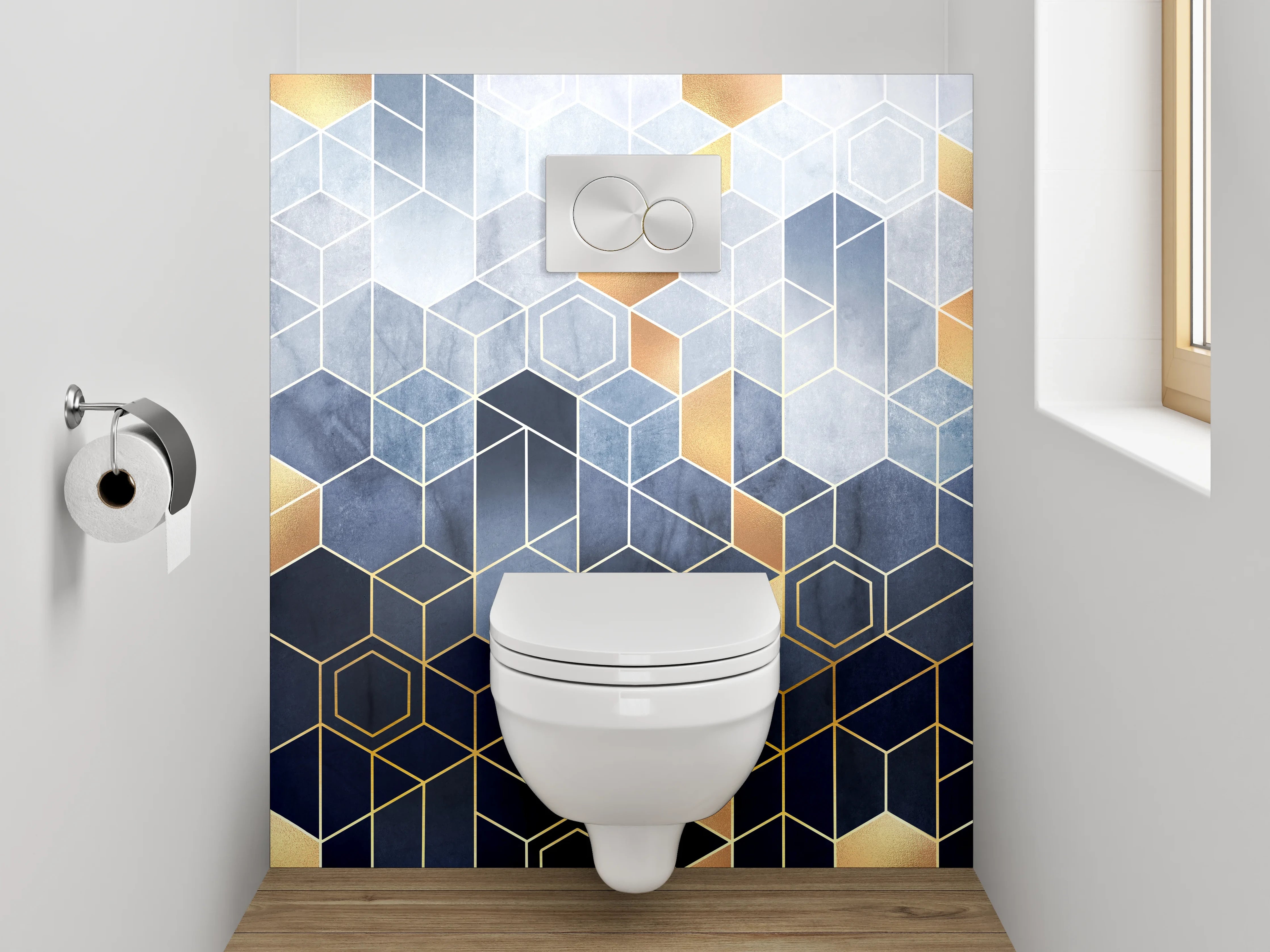 WC-Rückwand - Geometrische Hexagon-Muster Gold Blau