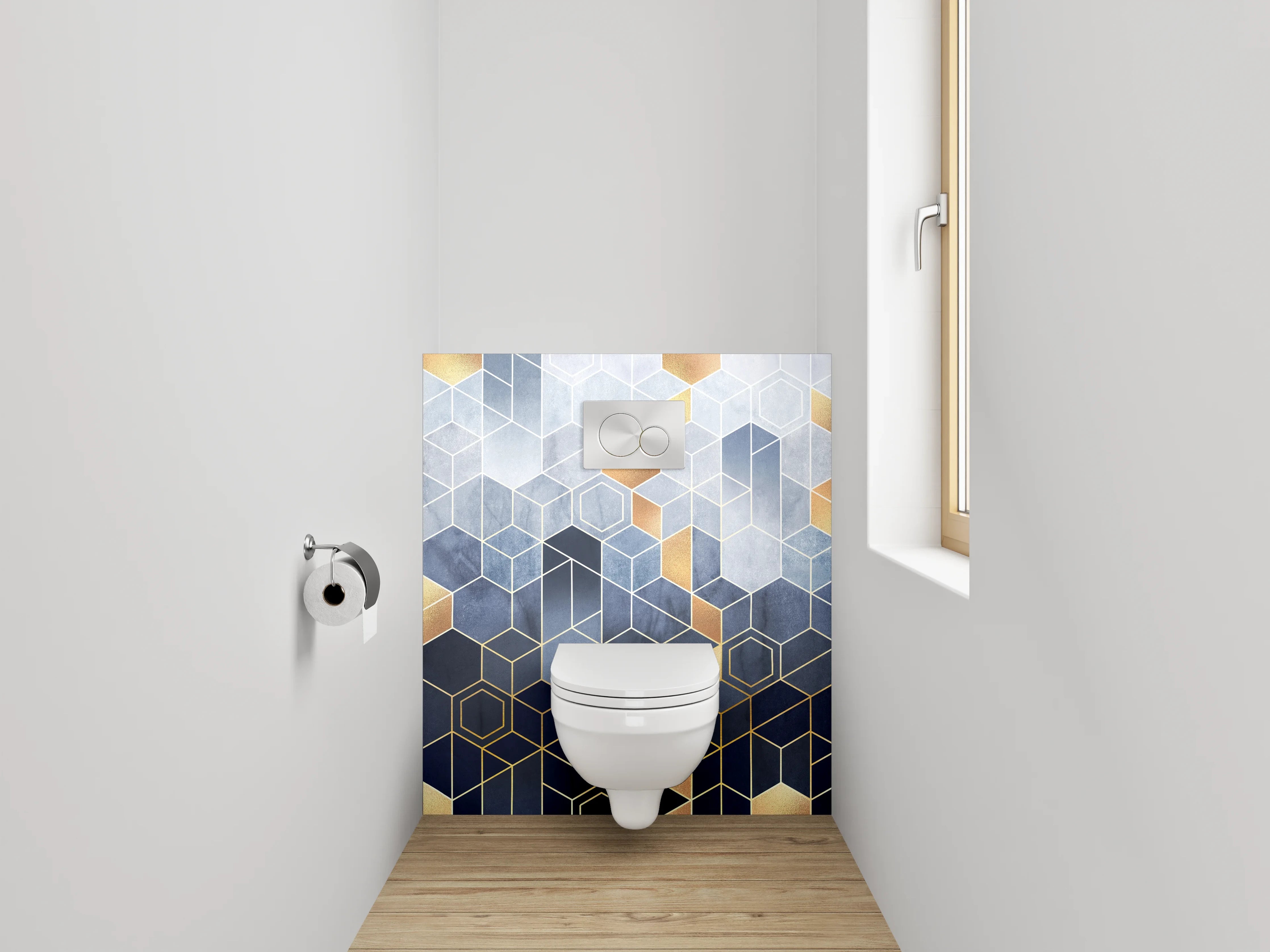 WC-Rückwand - Geometrische Hexagon-Muster Gold Blau