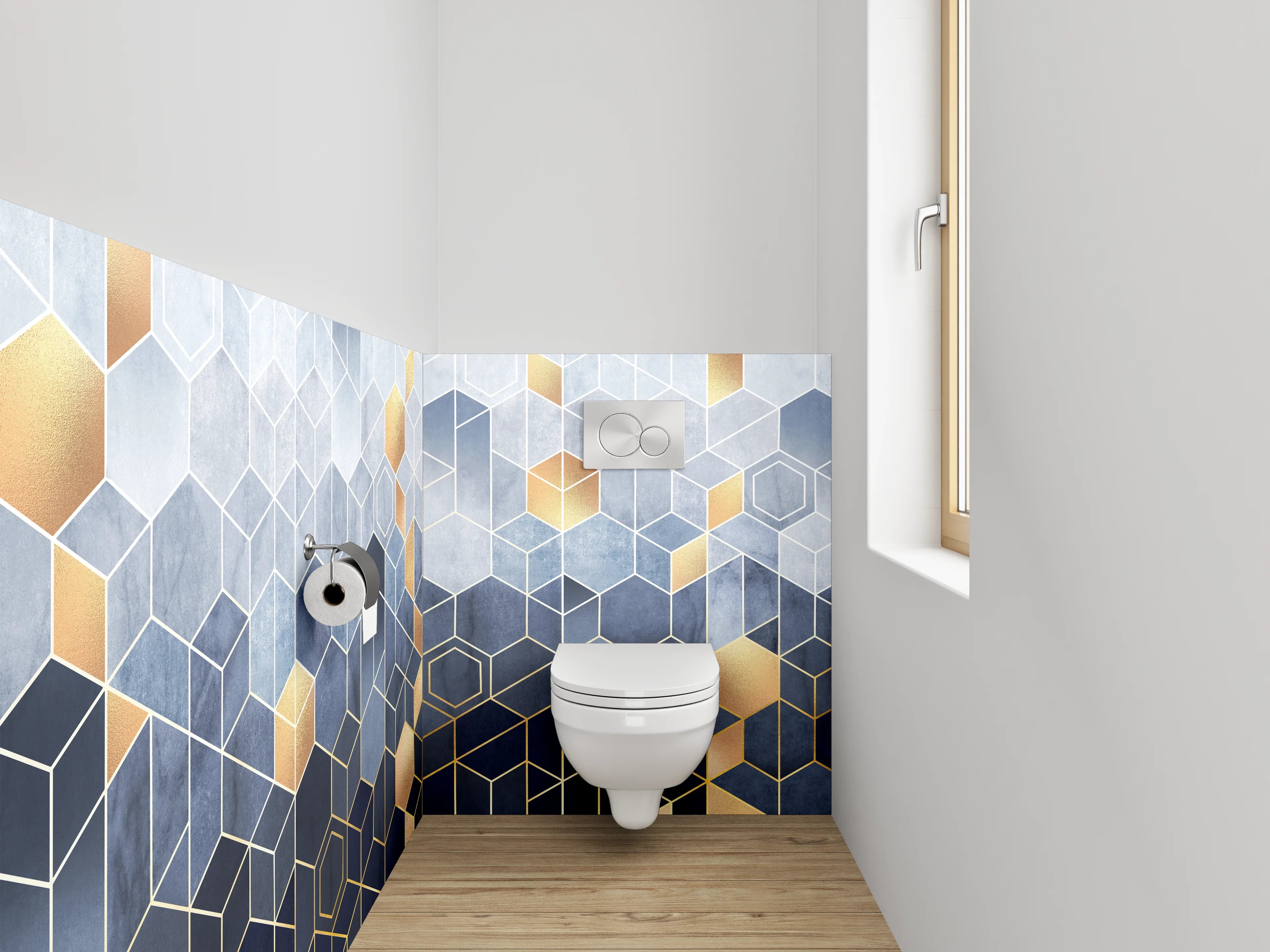 WC-Rückwand - Geometrische Hexagon-Muster Gold Blau