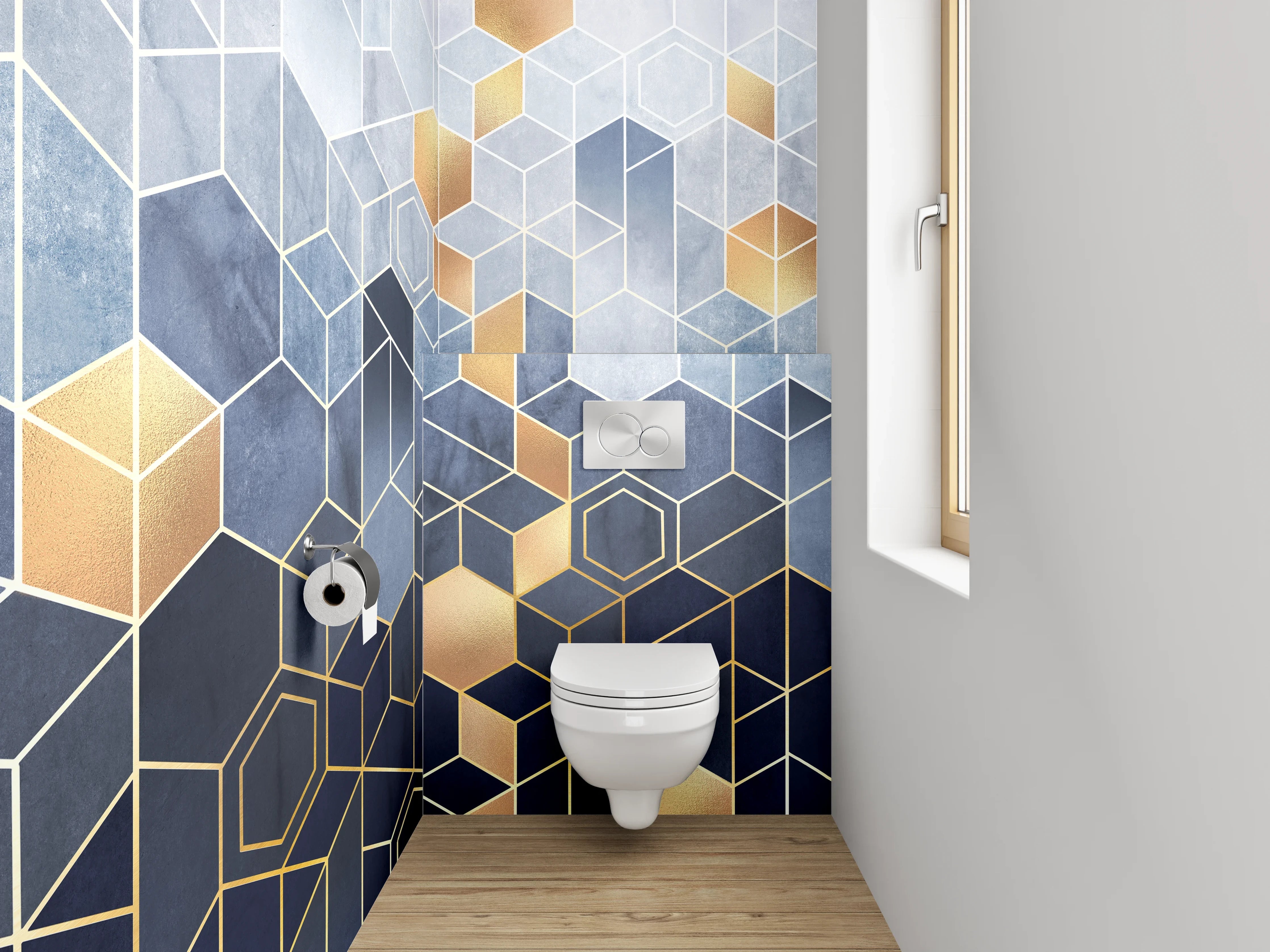 WC-Rückwand - Geometrische Hexagon-Muster Gold Blau