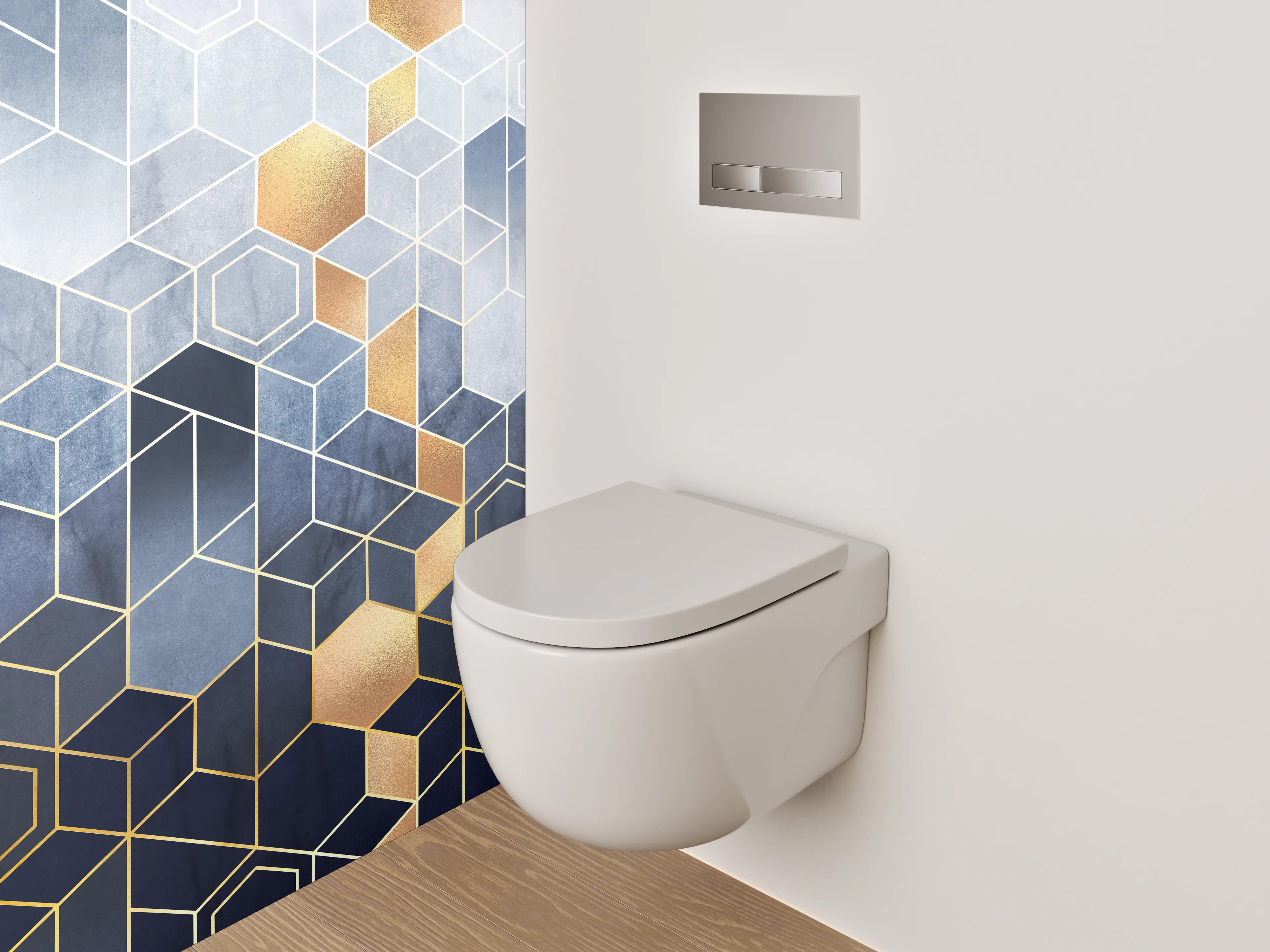 WC-Rückwand - Geometrische Hexagon-Muster Gold Blau
