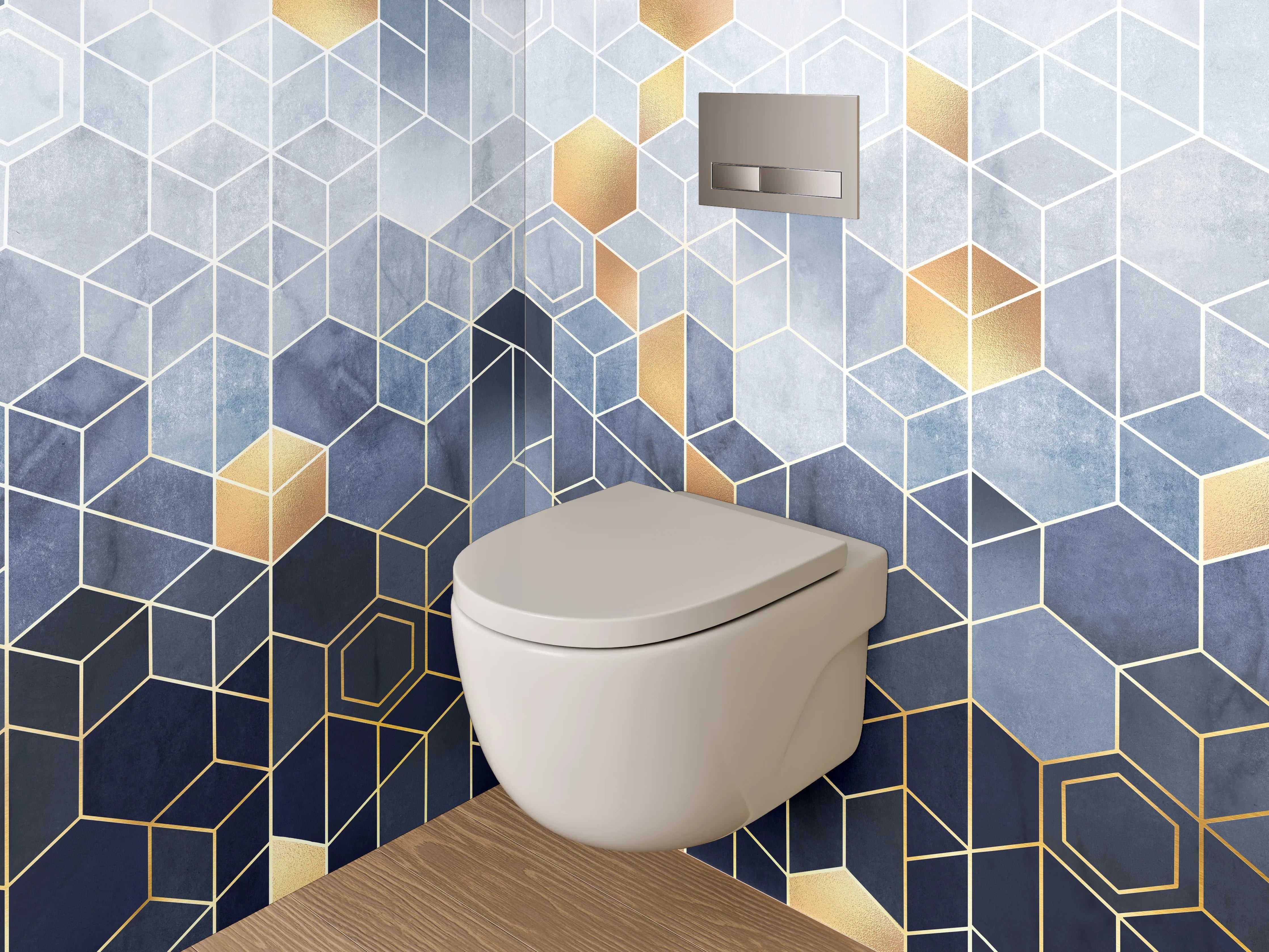 WC-Rückwand - Geometrische Hexagon-Muster Gold Blau