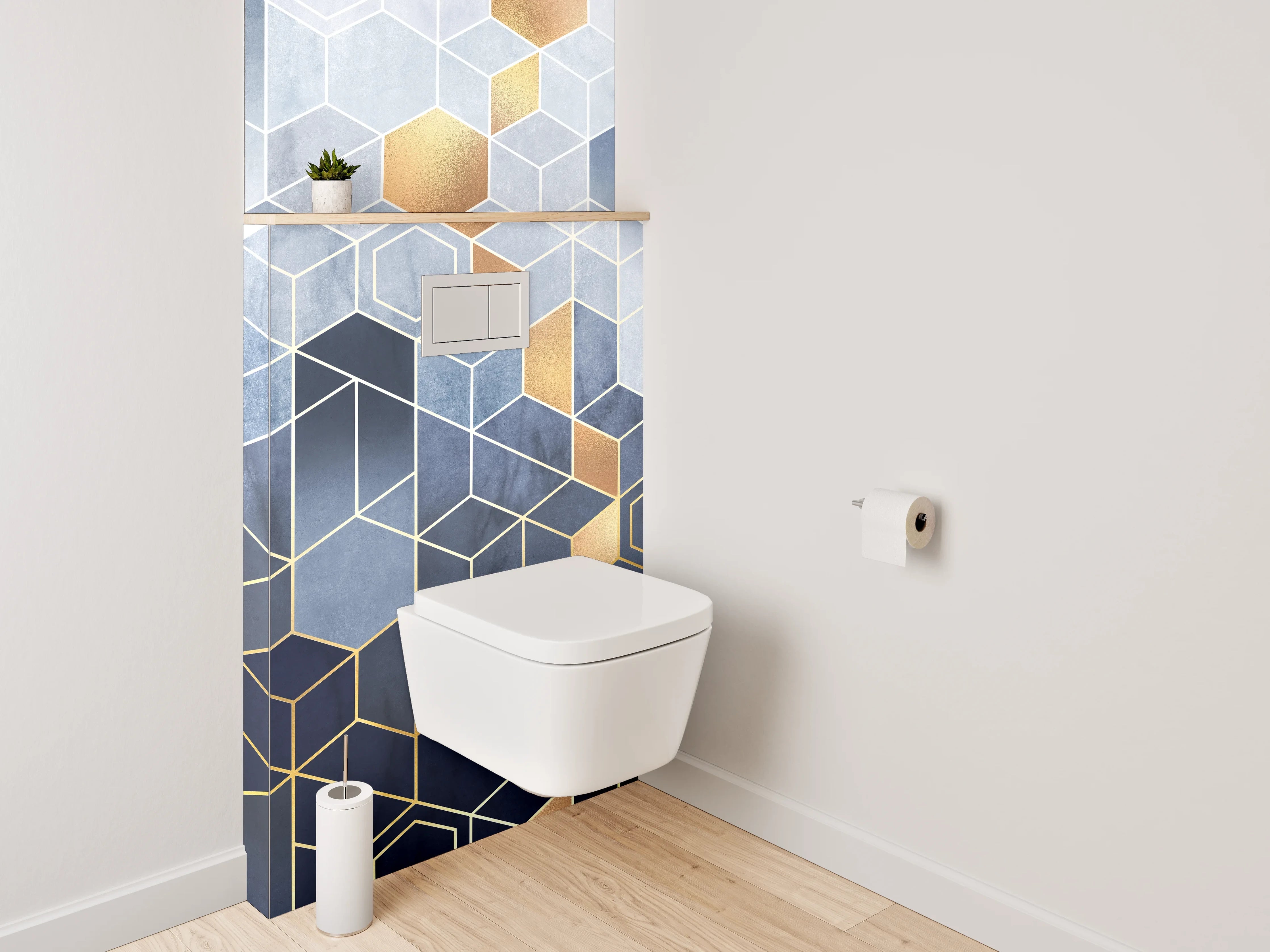 WC-Rückwand - Geometrische Hexagon-Muster Gold Blau