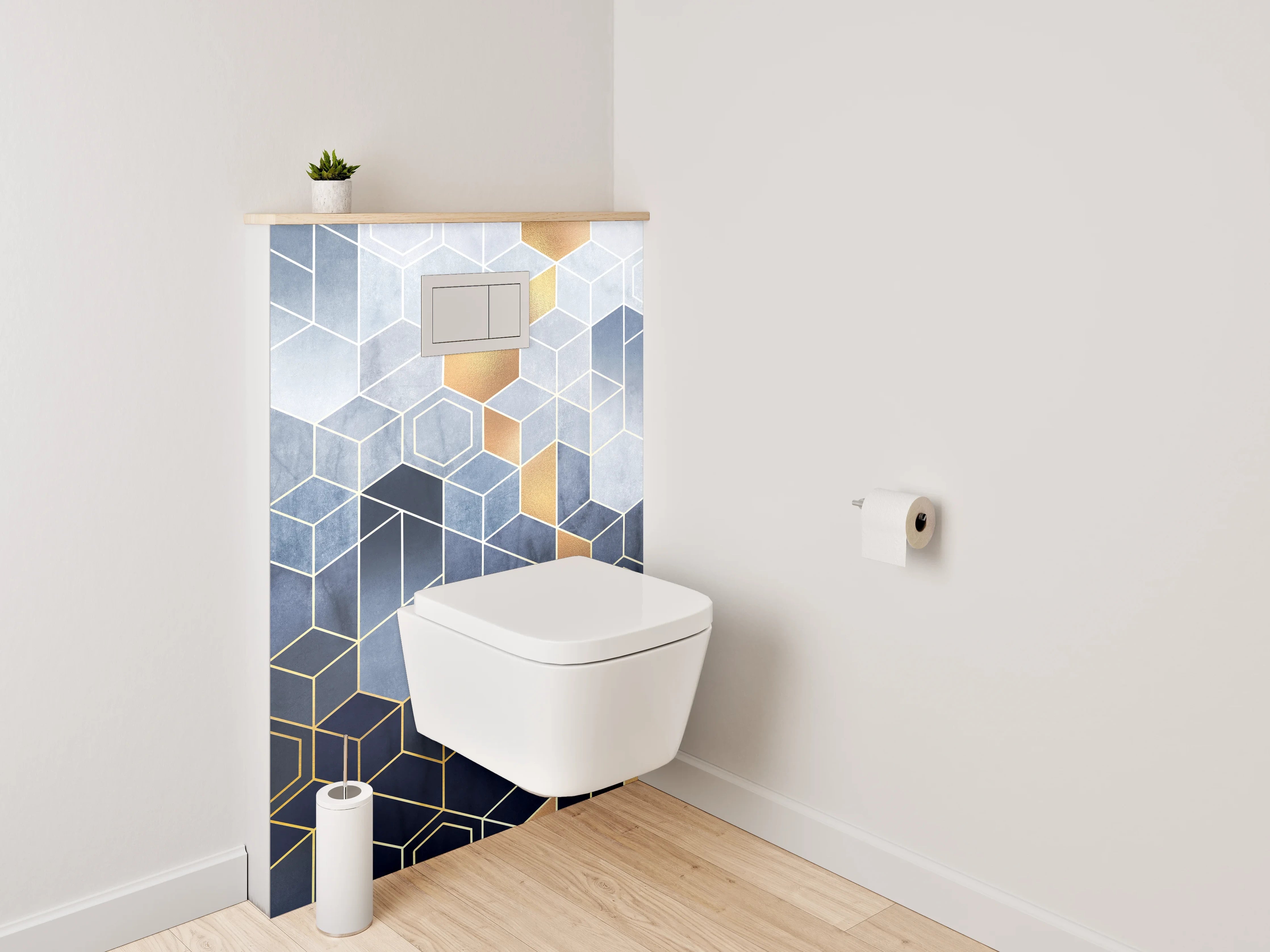 WC-Rückwand - Geometrische Hexagon-Muster Gold Blau