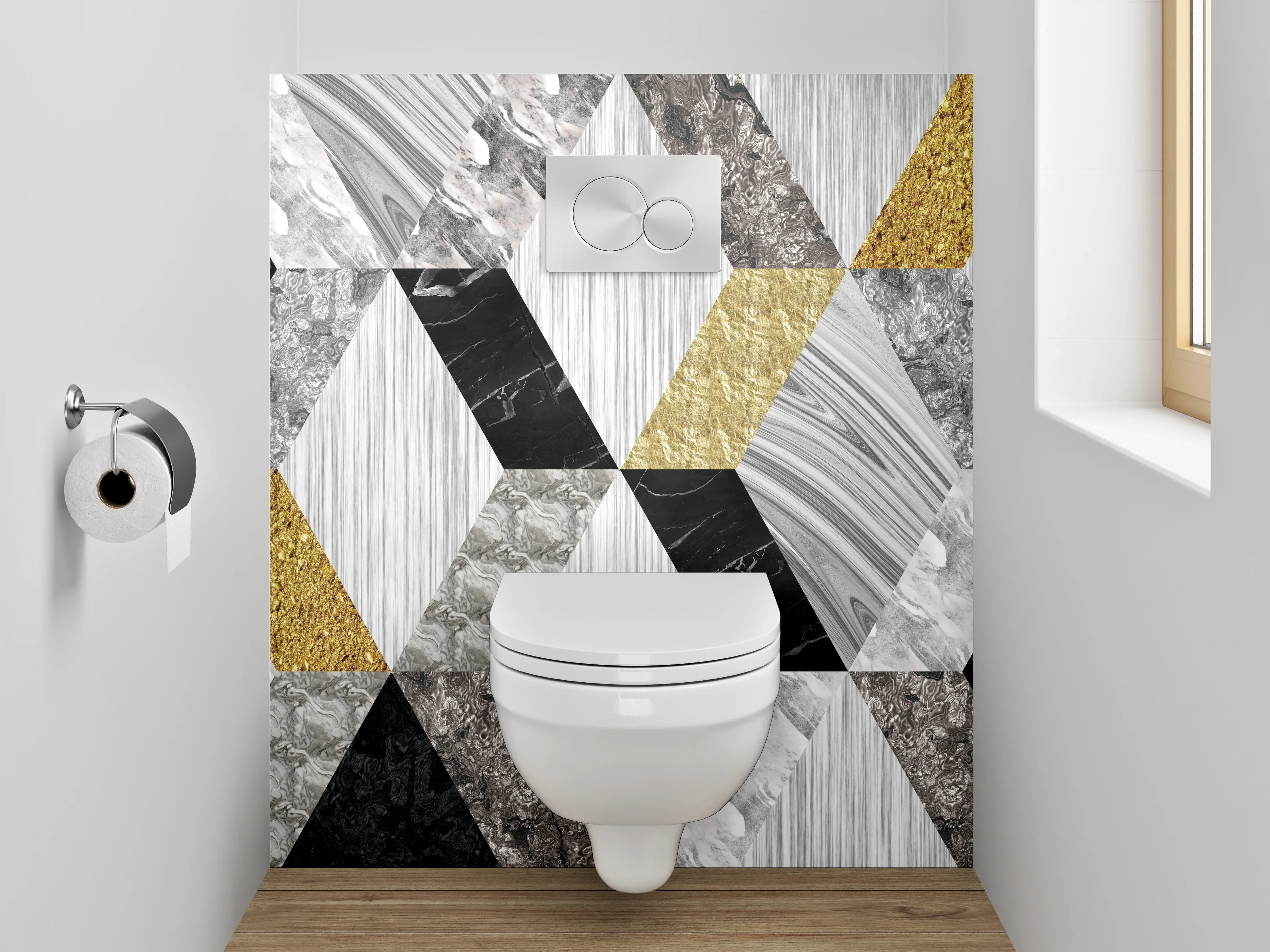 WC-Rückwand - Geometrische Marmor-Mosaikoptik in Weiß, Grau, Gold