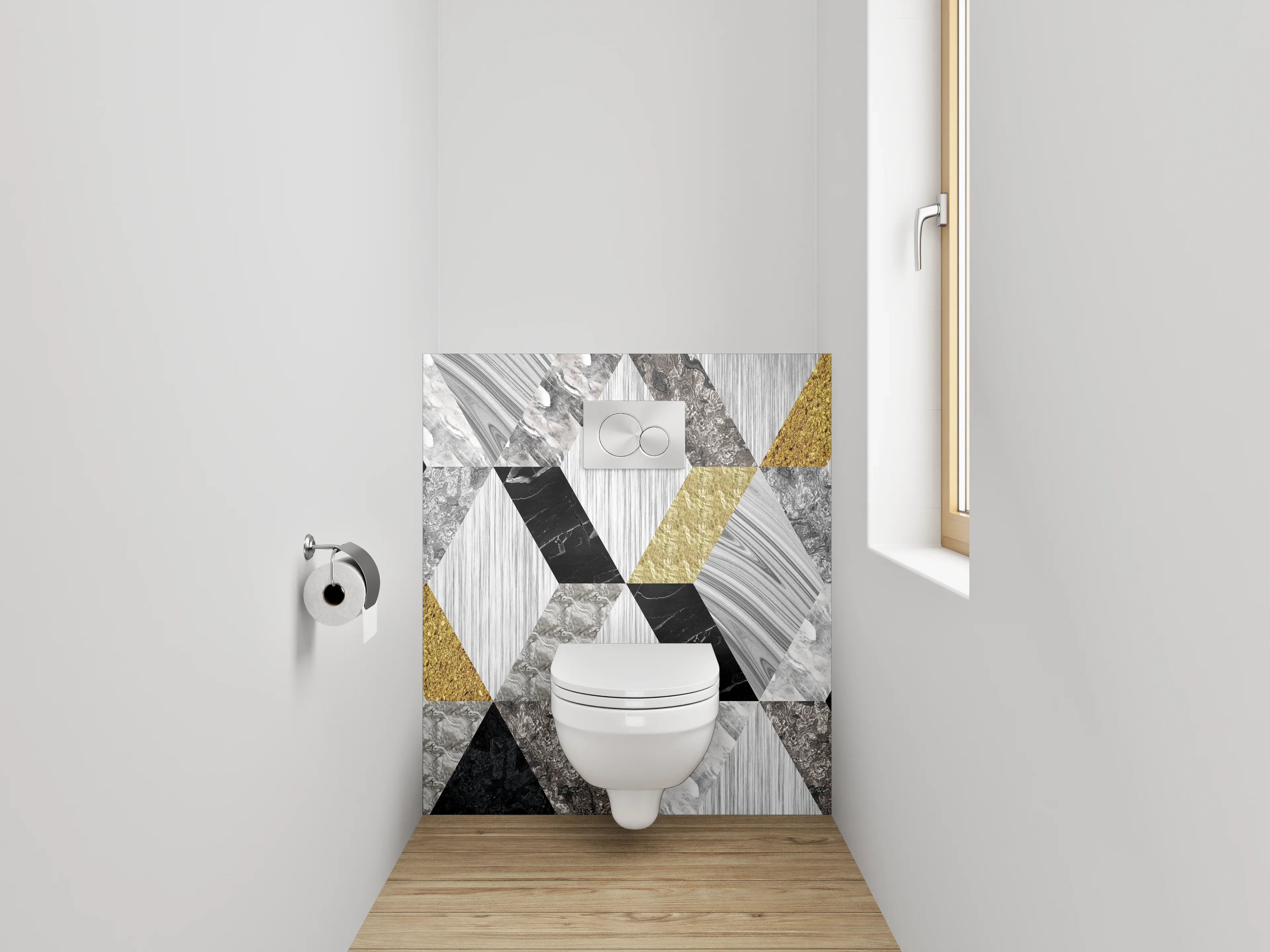 WC-Rückwand - Geometrische Marmor-Mosaikoptik in Weiß, Grau, Gold