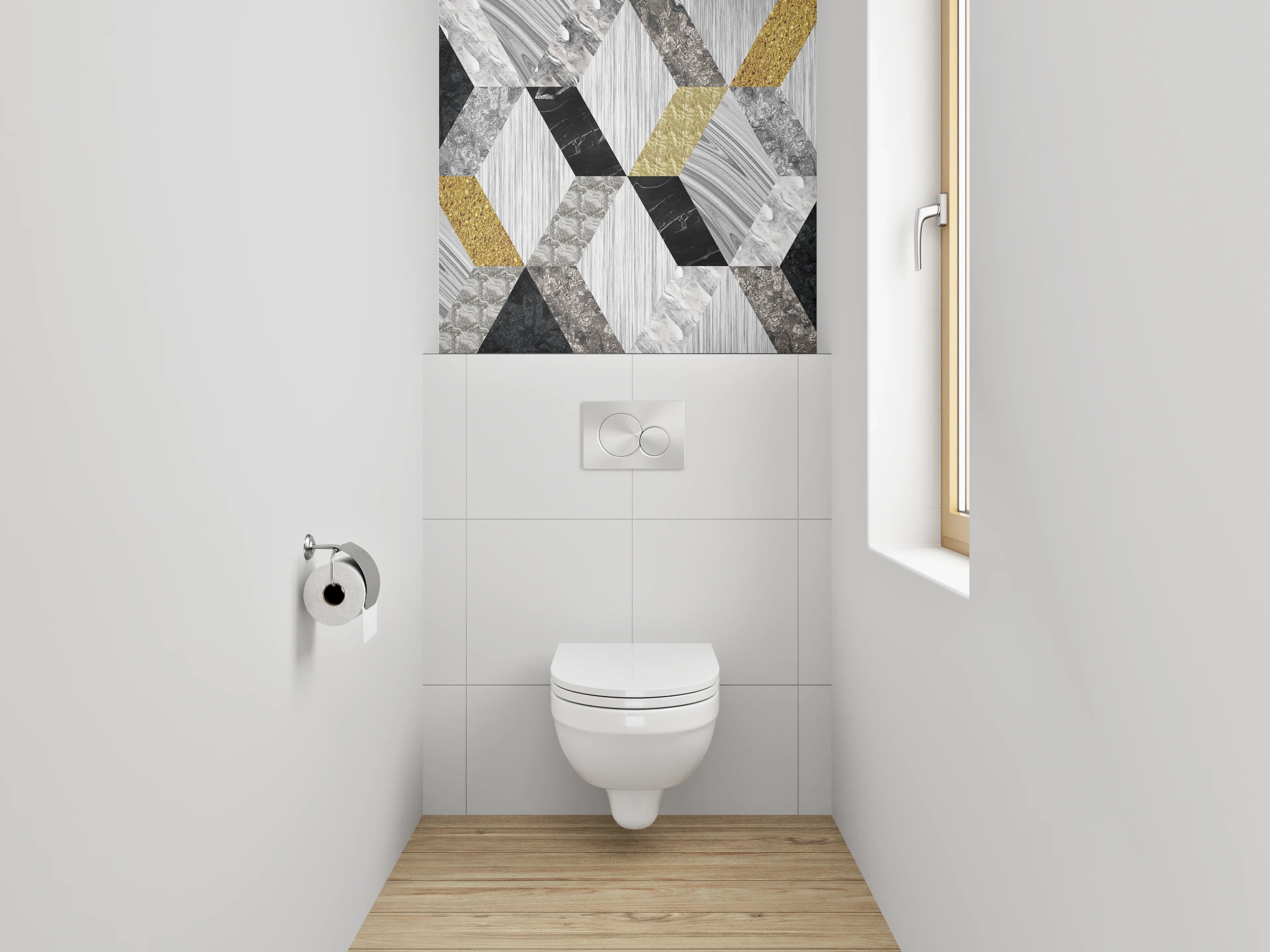 WC-Rückwand - Geometrische Marmor-Mosaikoptik in Weiß, Grau, Gold