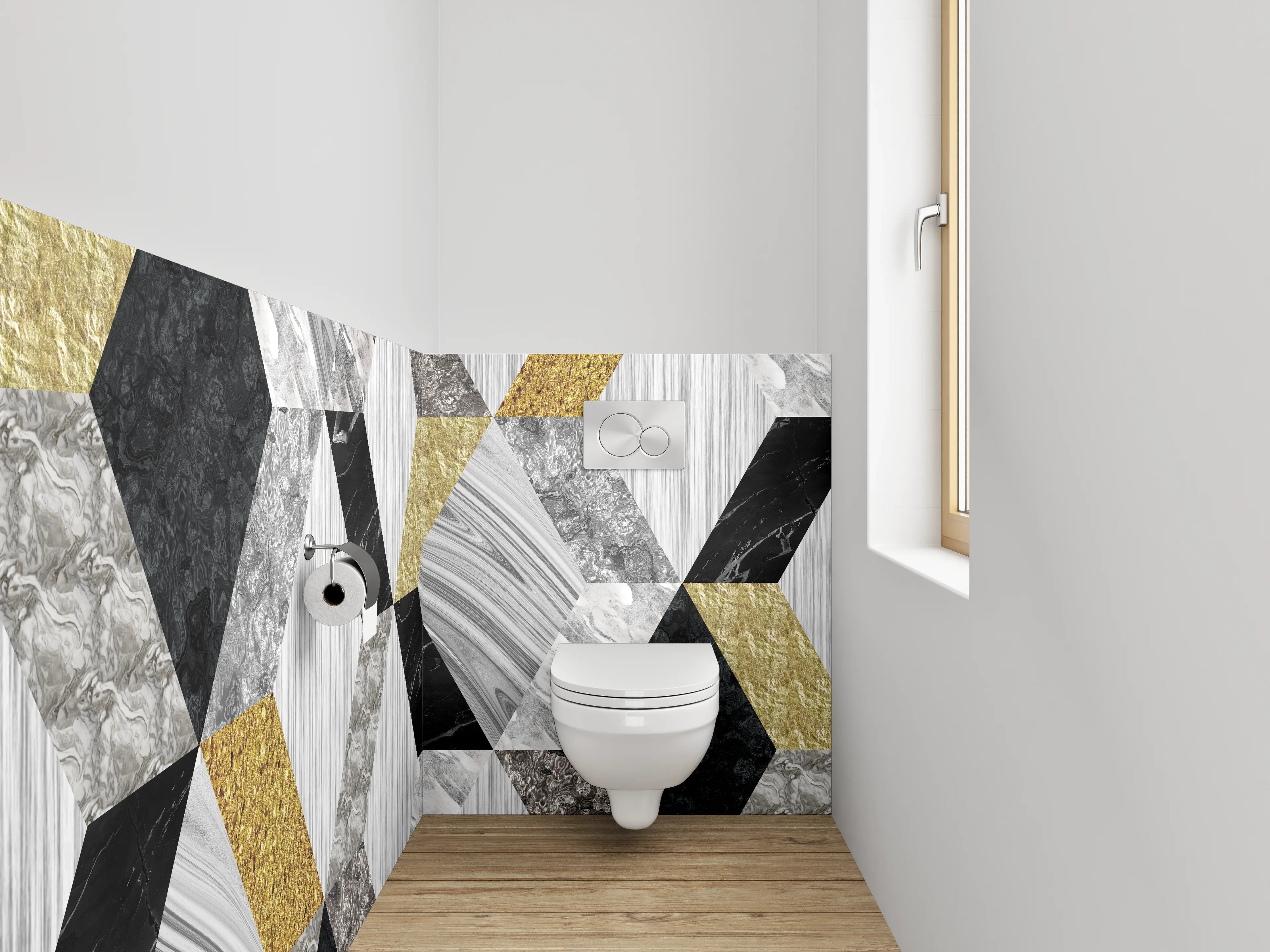 WC-Rückwand - Geometrische Marmor-Mosaikoptik in Weiß, Grau, Gold