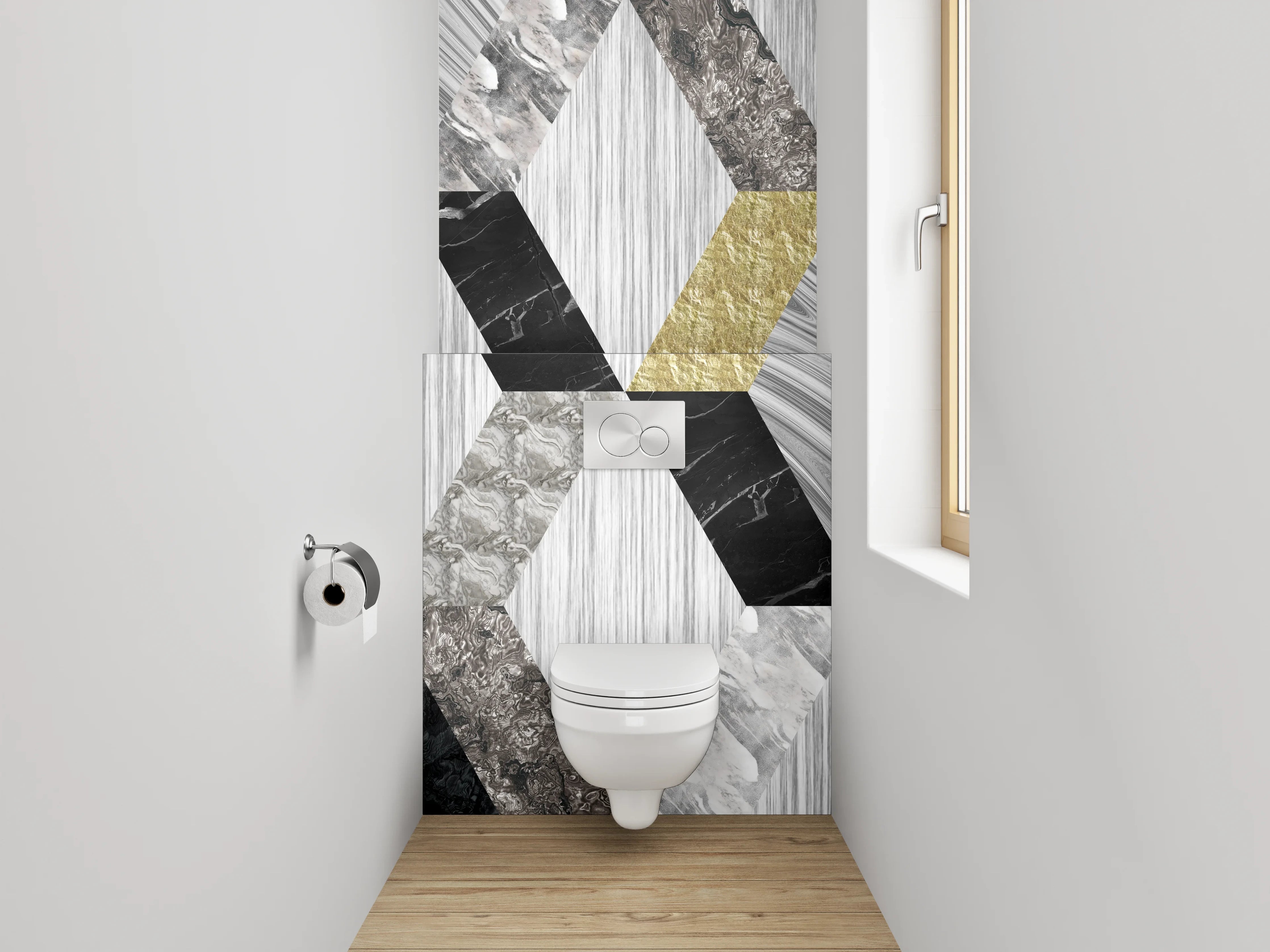 WC-Rückwand - Geometrische Marmor-Mosaikoptik in Weiß, Grau, Gold