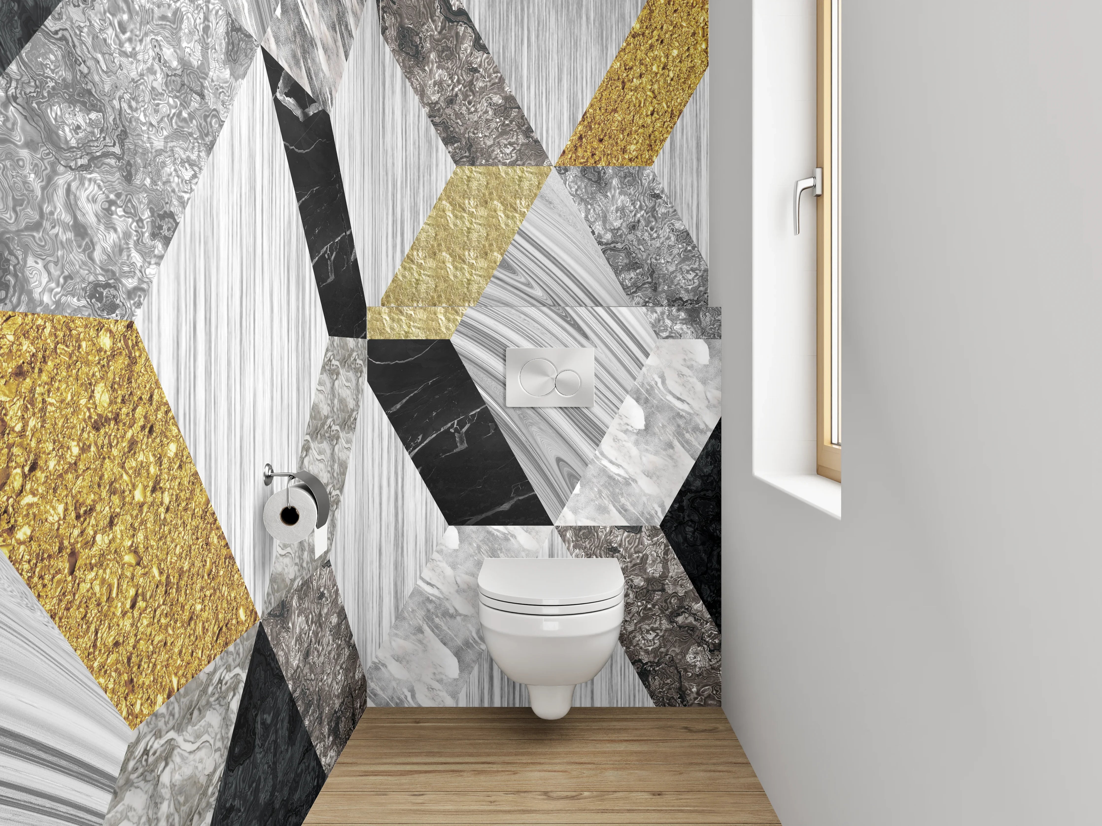 WC-Rückwand - Geometrische Marmor-Mosaikoptik in Weiß, Grau, Gold